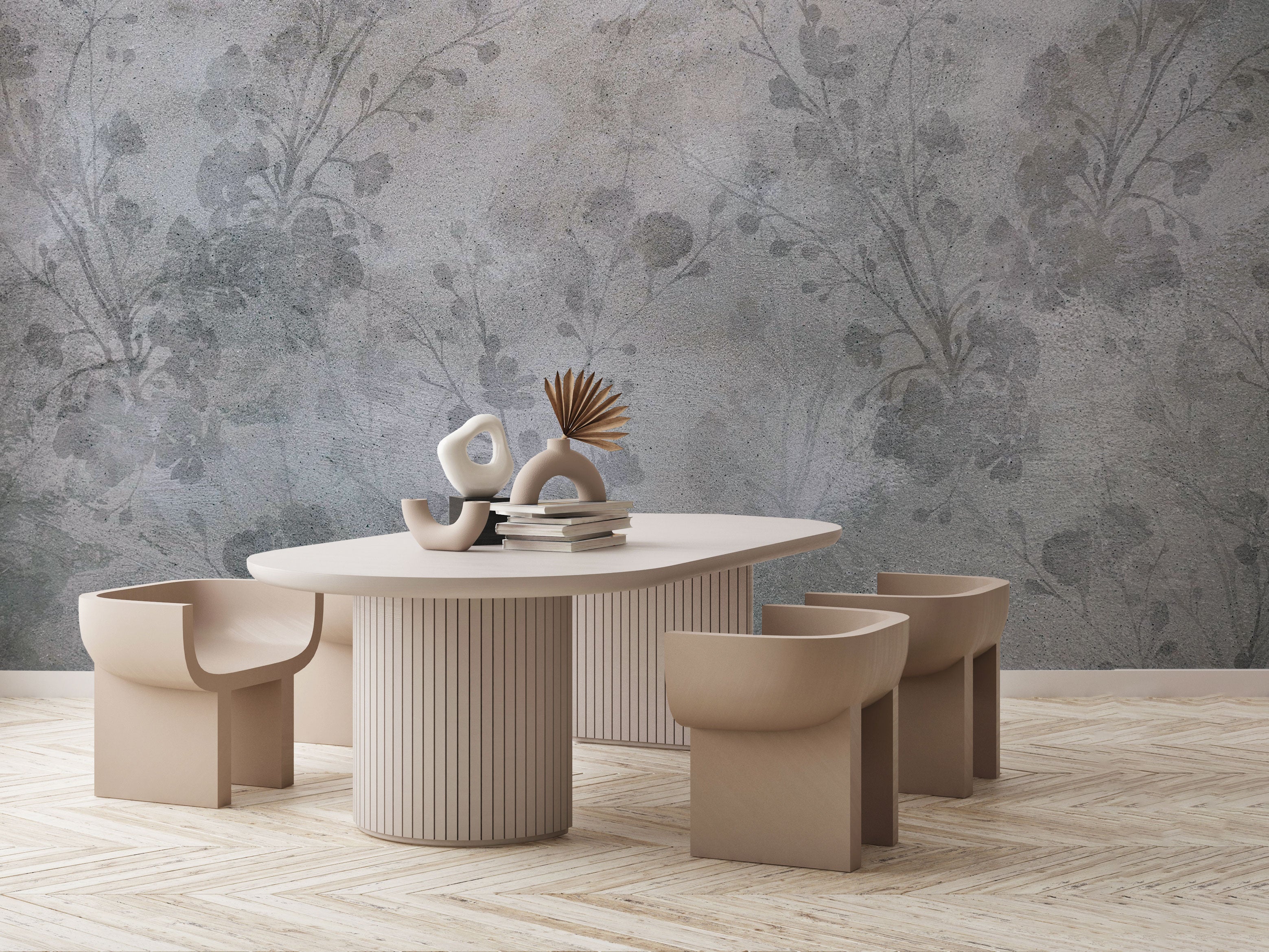 Soft grey wallpaper with subtle botanical silhouettes over a concrete-textured background in muted neutral tones