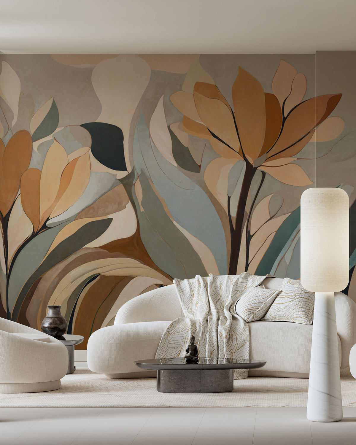 Floral Wallpaper Mural in Soft Earth Tones