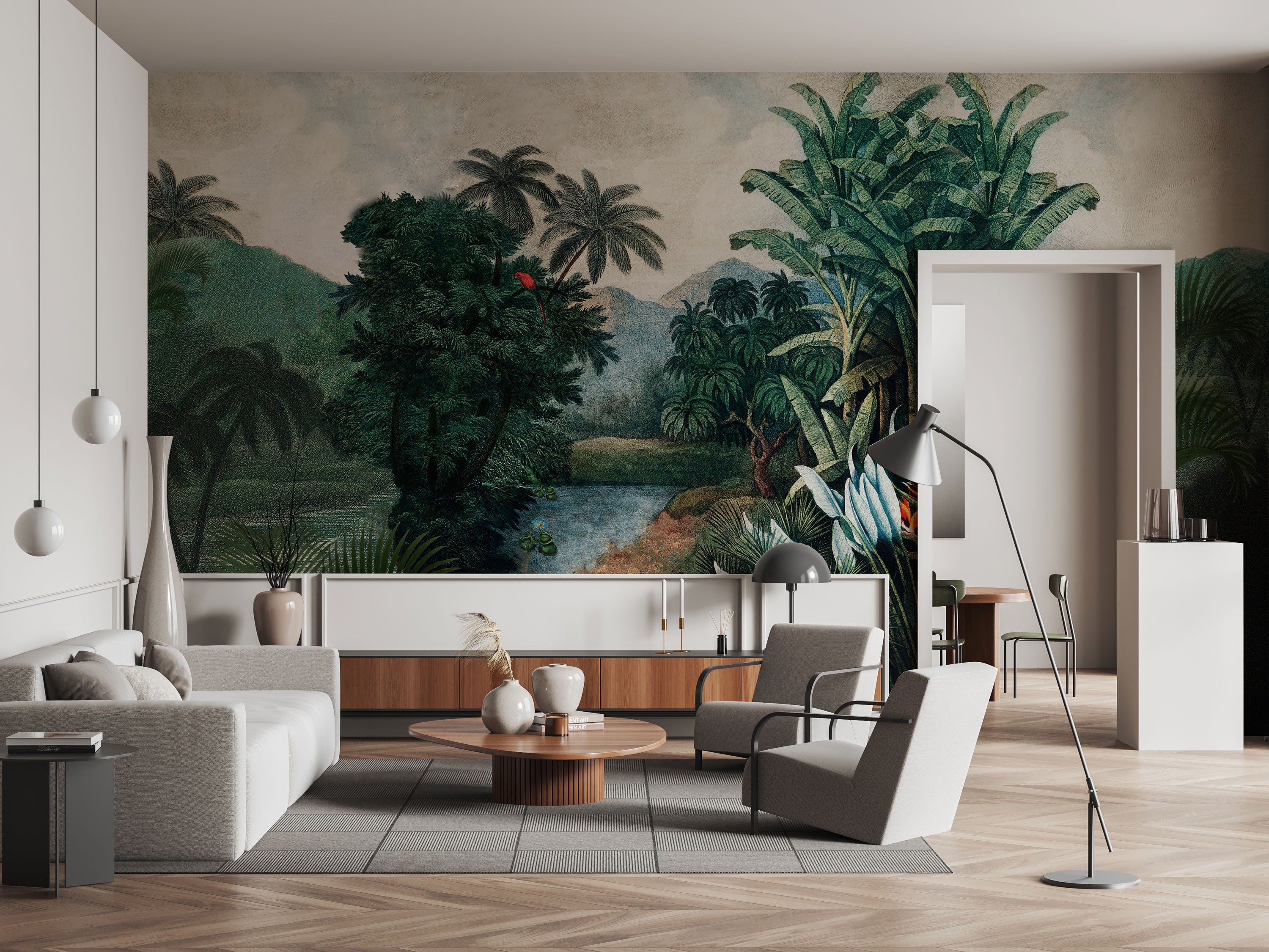 Tropical jungle mural wallpaper with layered palm trees, lush green foliage, and exotic plants