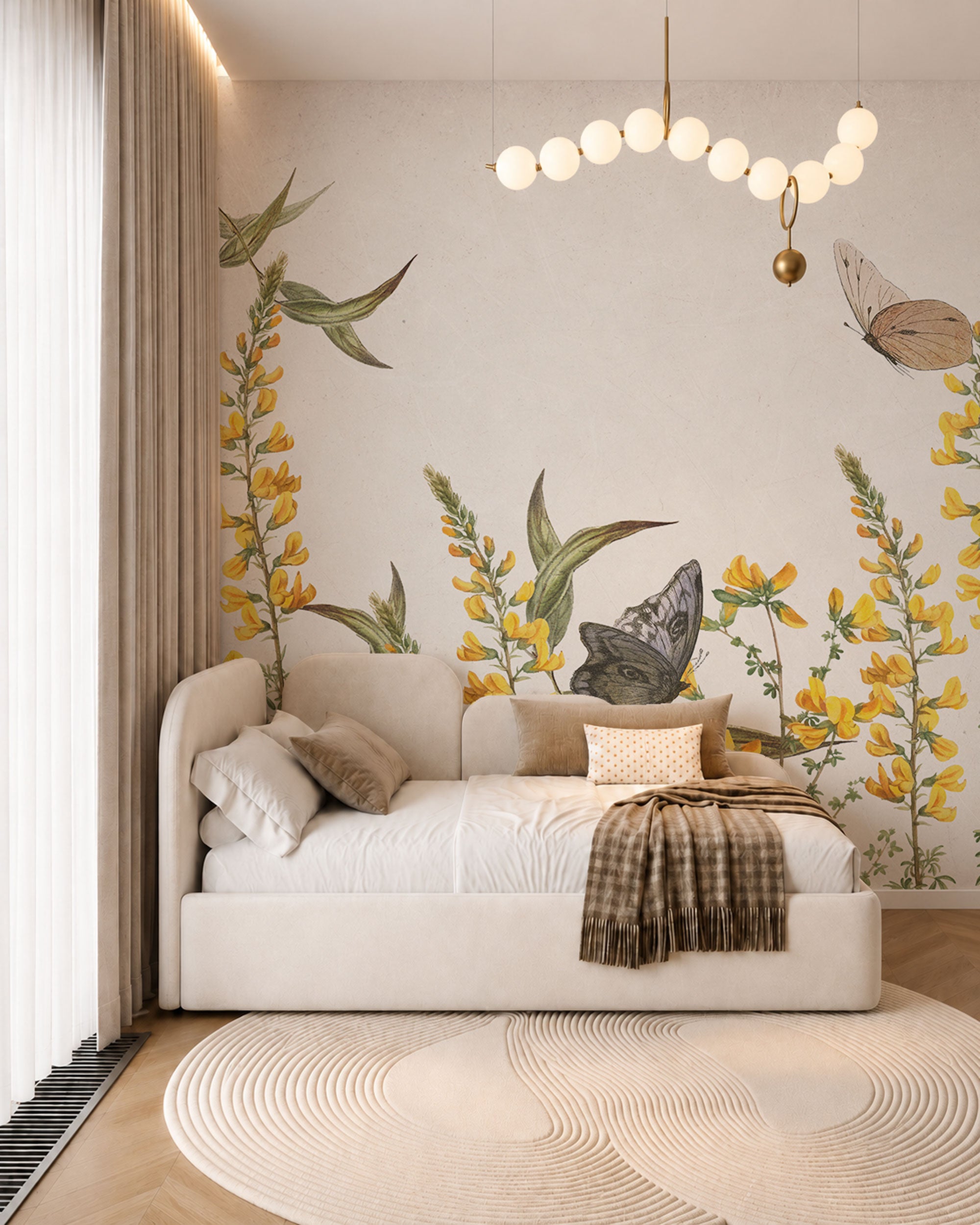 Botanical meadow wallpaper with yellow wildflowers, butterflies, and small birds on a soft light background