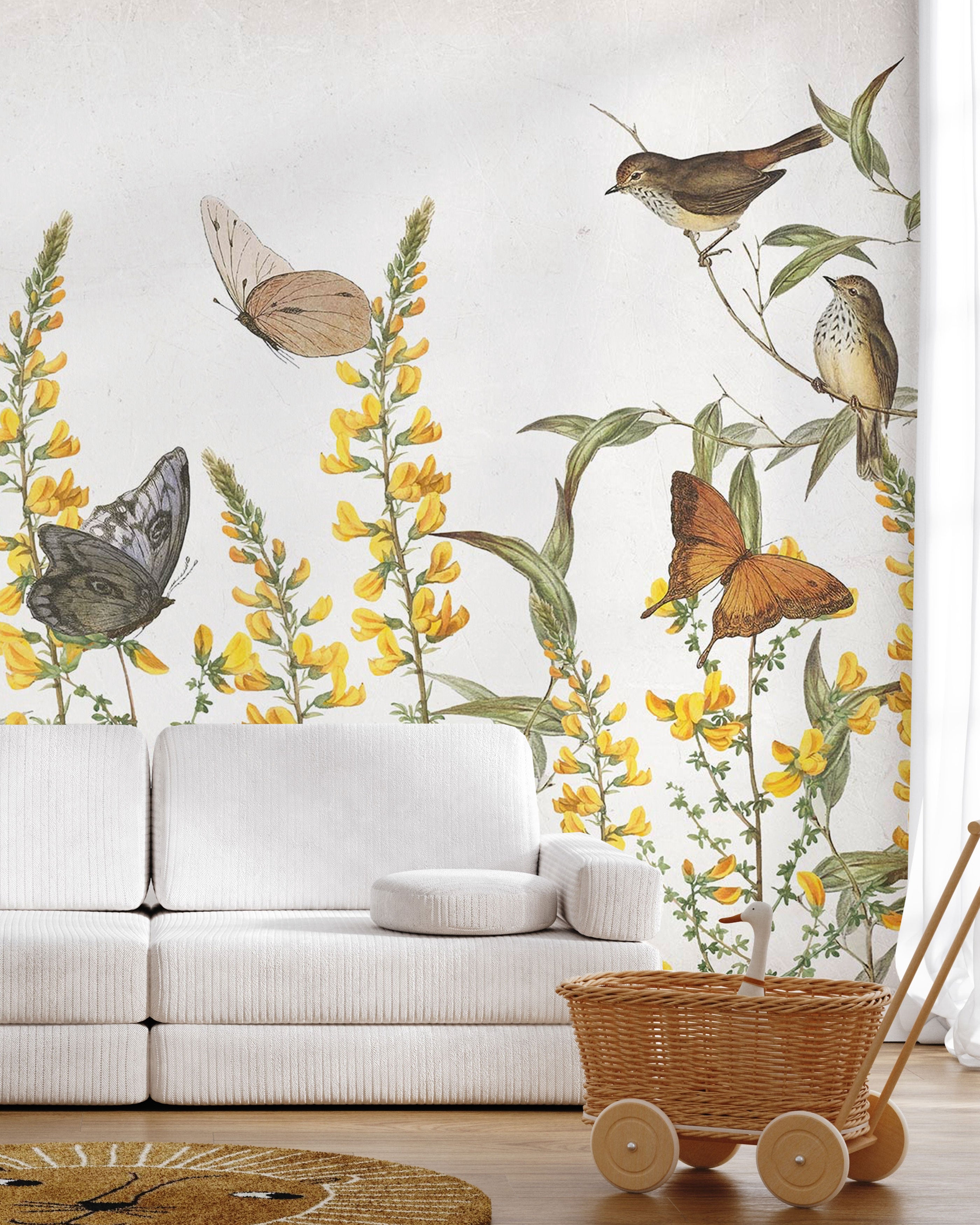 Wild Meadow Butterflies &amp; Birds Botanical Vintage Wallpaper