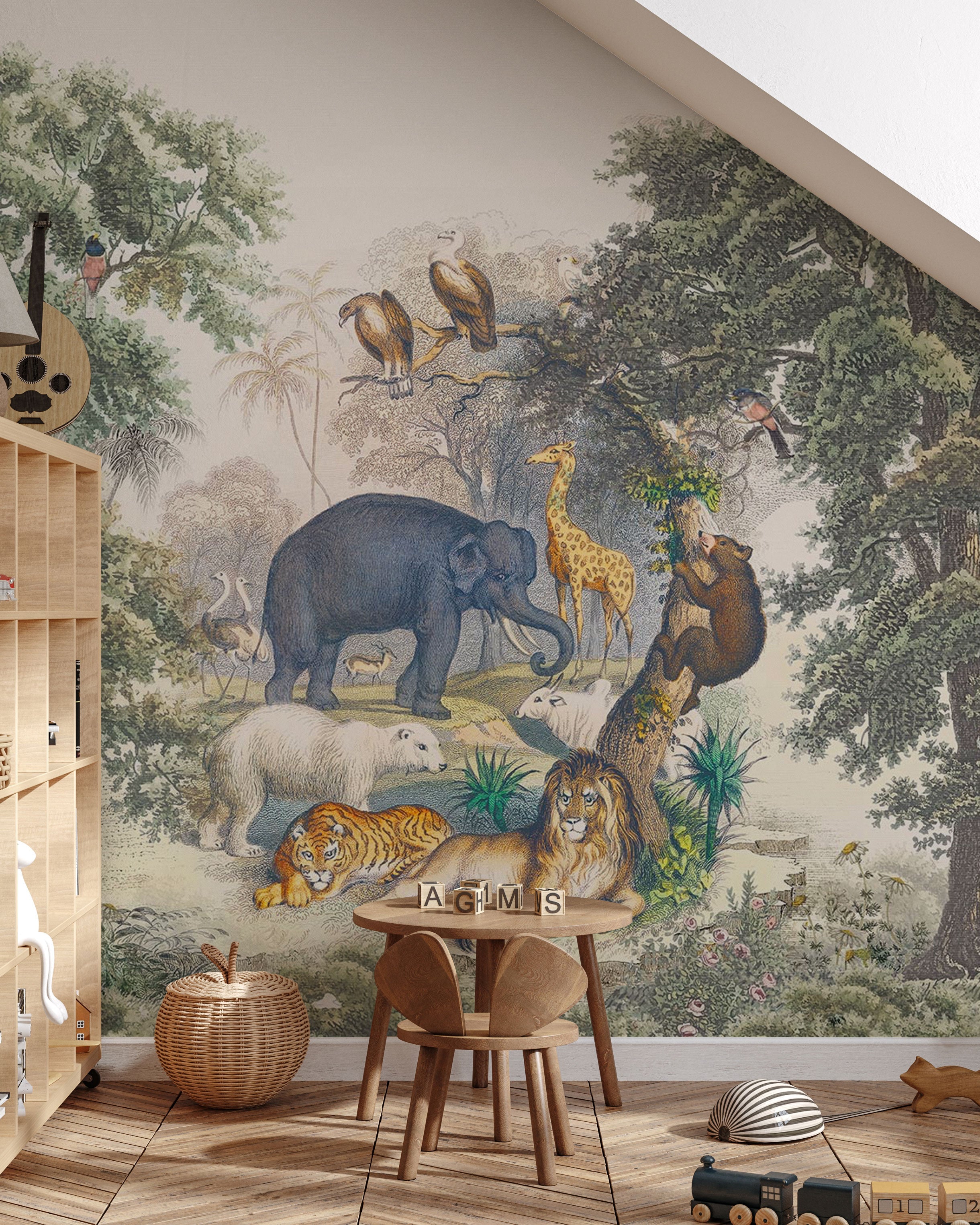 Vintage wildlife mural featuring elephants, lions, giraffes, tigers, and birds gathered in a lush illustrated forest landscape with a classic storybook feel