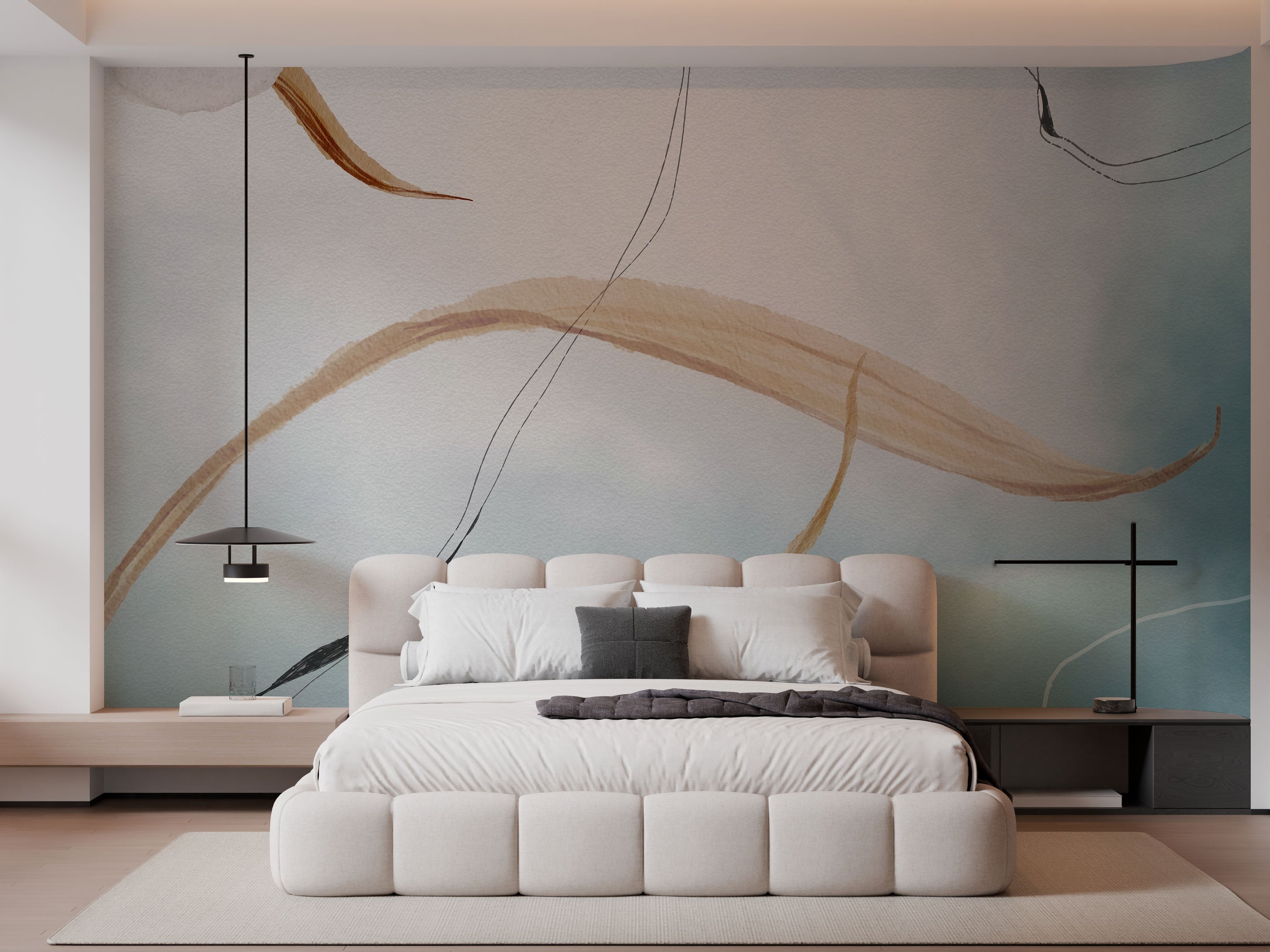 Abstract wall mural with soft brush strokes in neutral earth tones