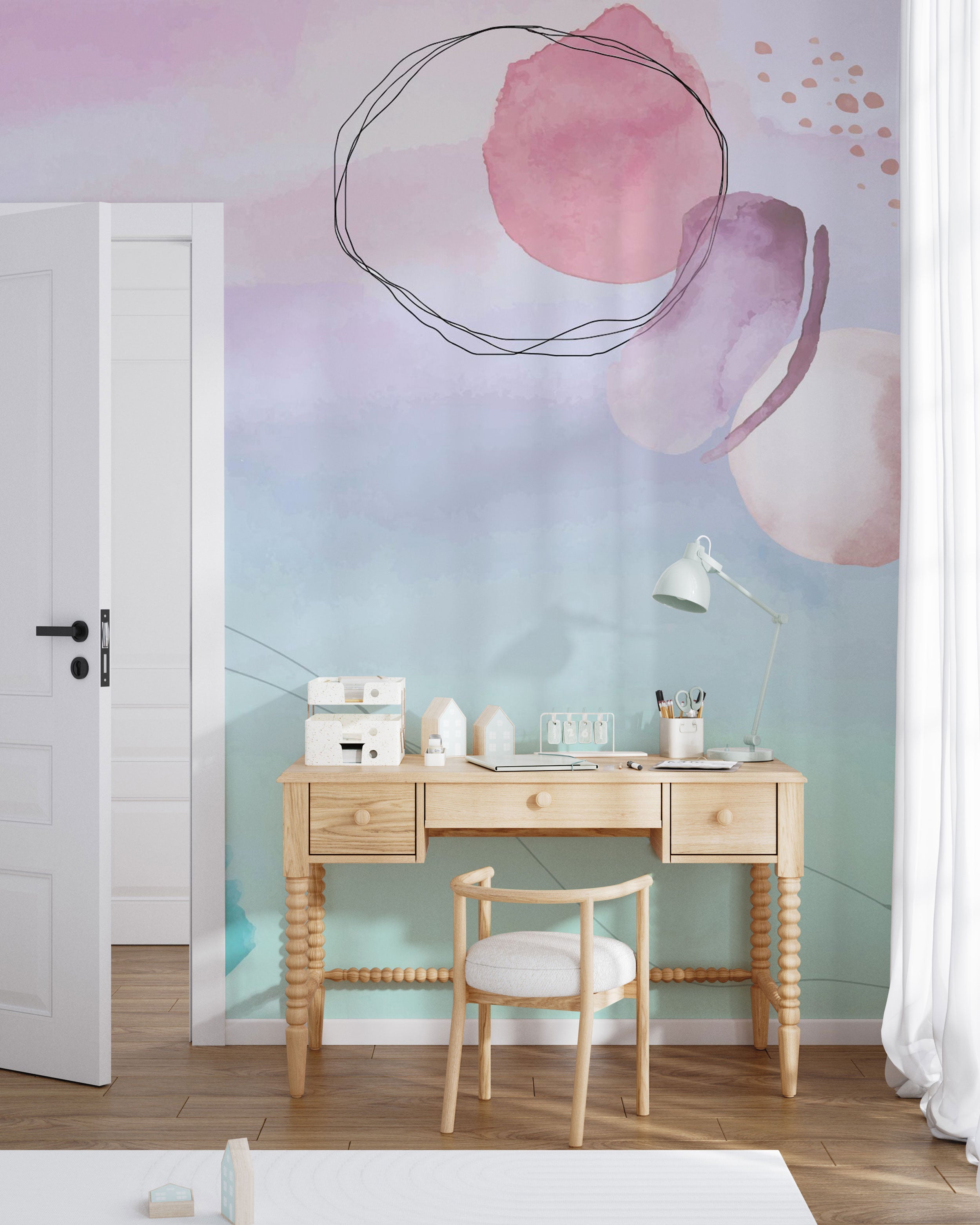 Abstrakte Aquarell-Wandtapete in sanften Pastelltönen mit organischen Formen und feinen Liniendetails