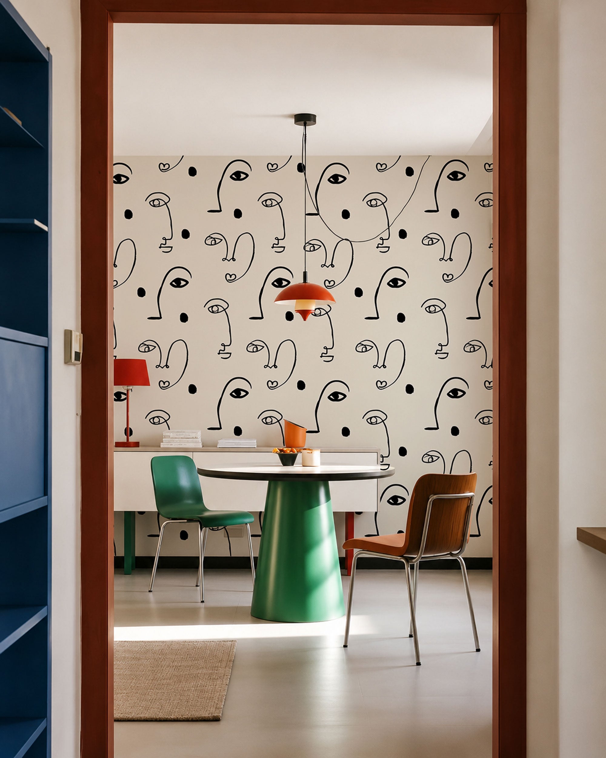 Beige pattern wallpaper with abstract black line art faces