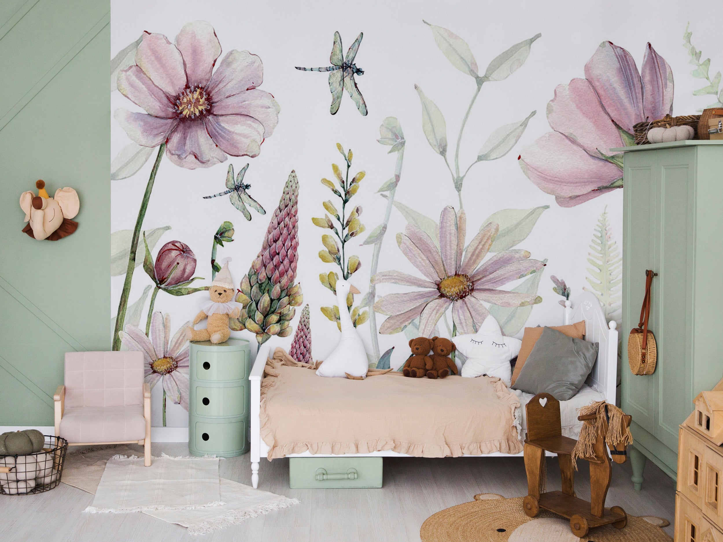Watercolor floral mural wallpaper with pastel flowers, leaves, and dragonflies on a light background