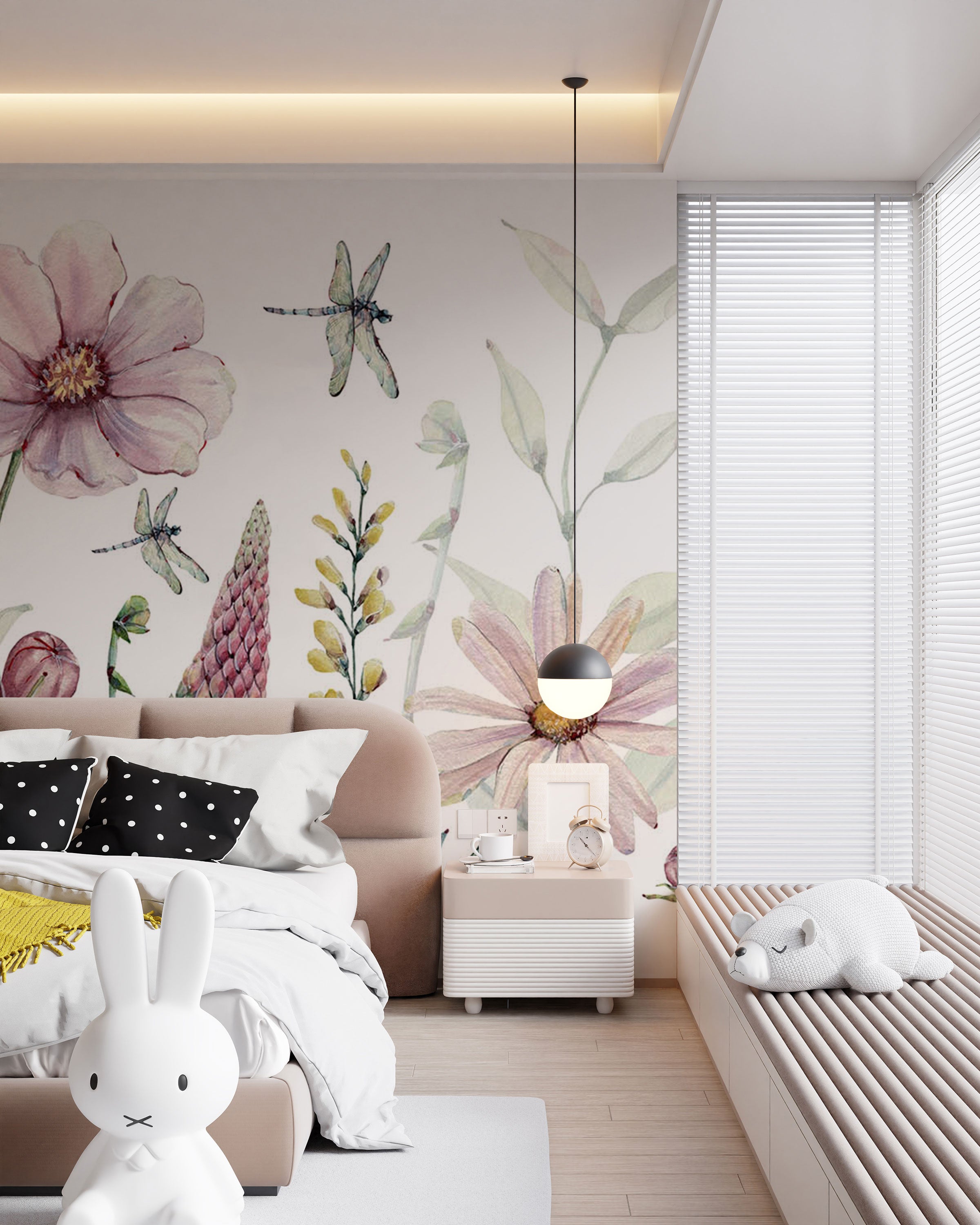 Watercolor floral mural wallpaper with pastel flowers, leaves, and dragonflies on a light background