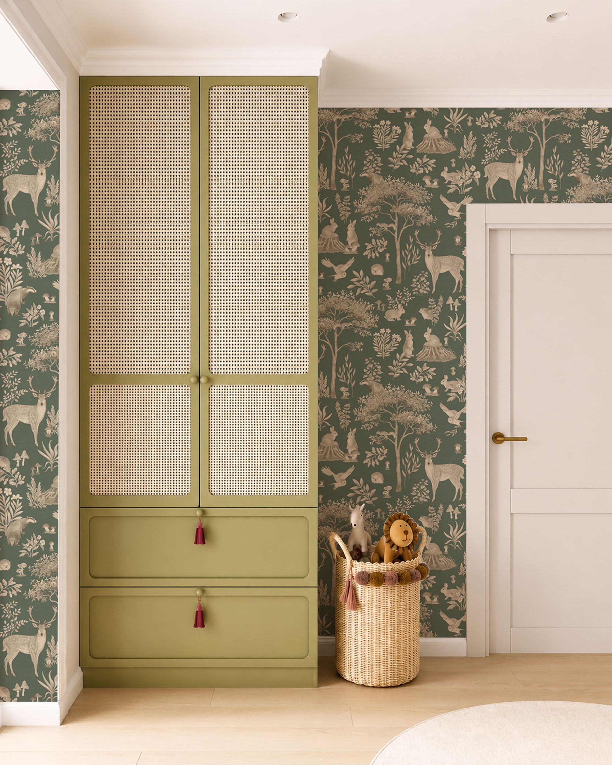 Children’s wallpaper with hand-drawn forest animals and botanical illustrations in soft green tones inspired by woodland nature