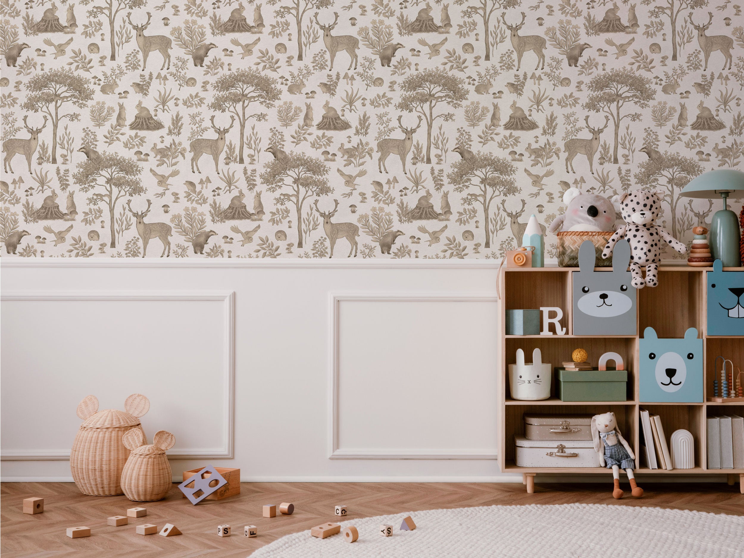 White children’s wallpaper with delicate hand-drawn forest animals and botanical motifs in a soft, minimal style