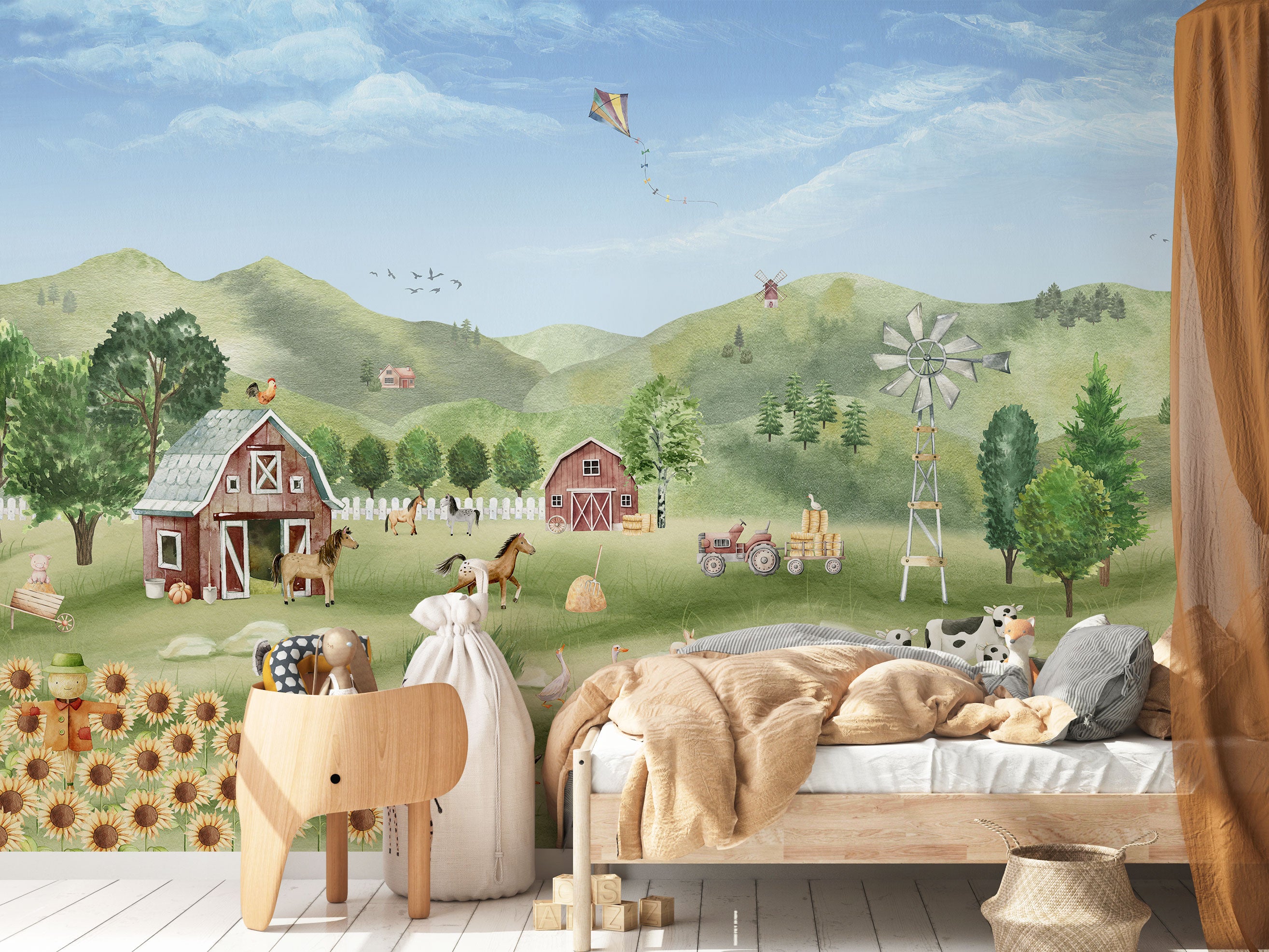 Illustrated farm landscape wallpaper with animals, barns, windmill, tractor, and green countryside scenery
