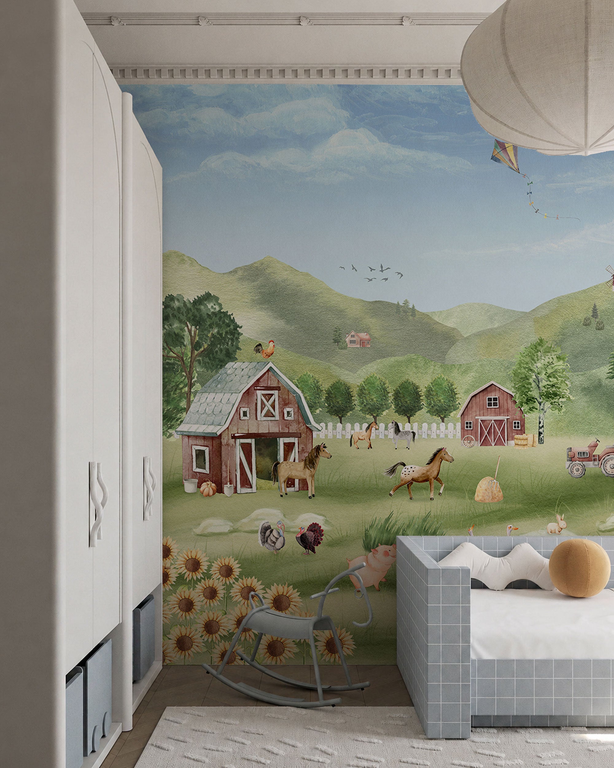 Illustrated farm landscape wallpaper with animals, barns, windmill, tractor, and green countryside scenery