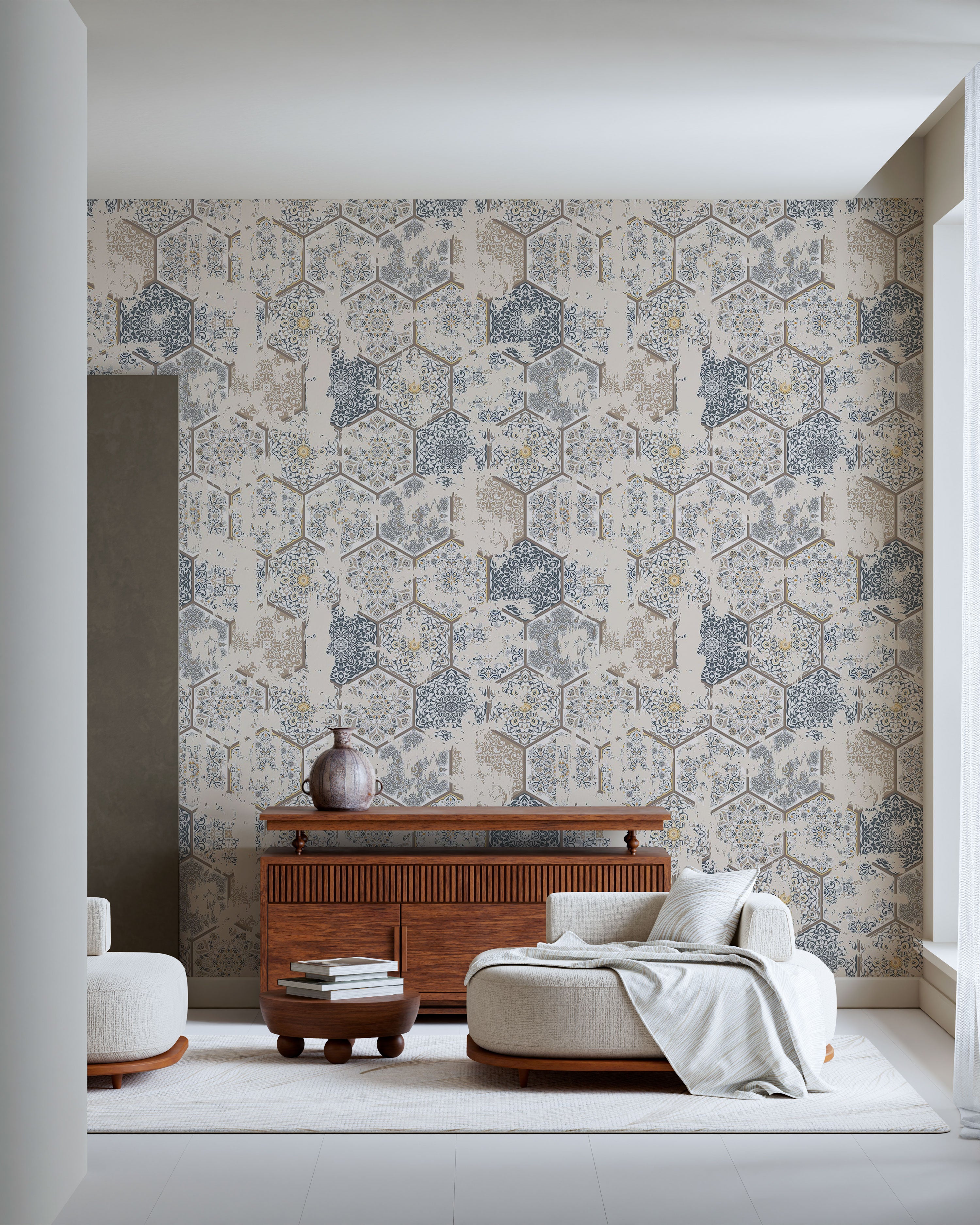 Wallpaper with decorative hexagon tile pattern in soft beige, blue, and muted neutral tones with a vintage mosaic effect