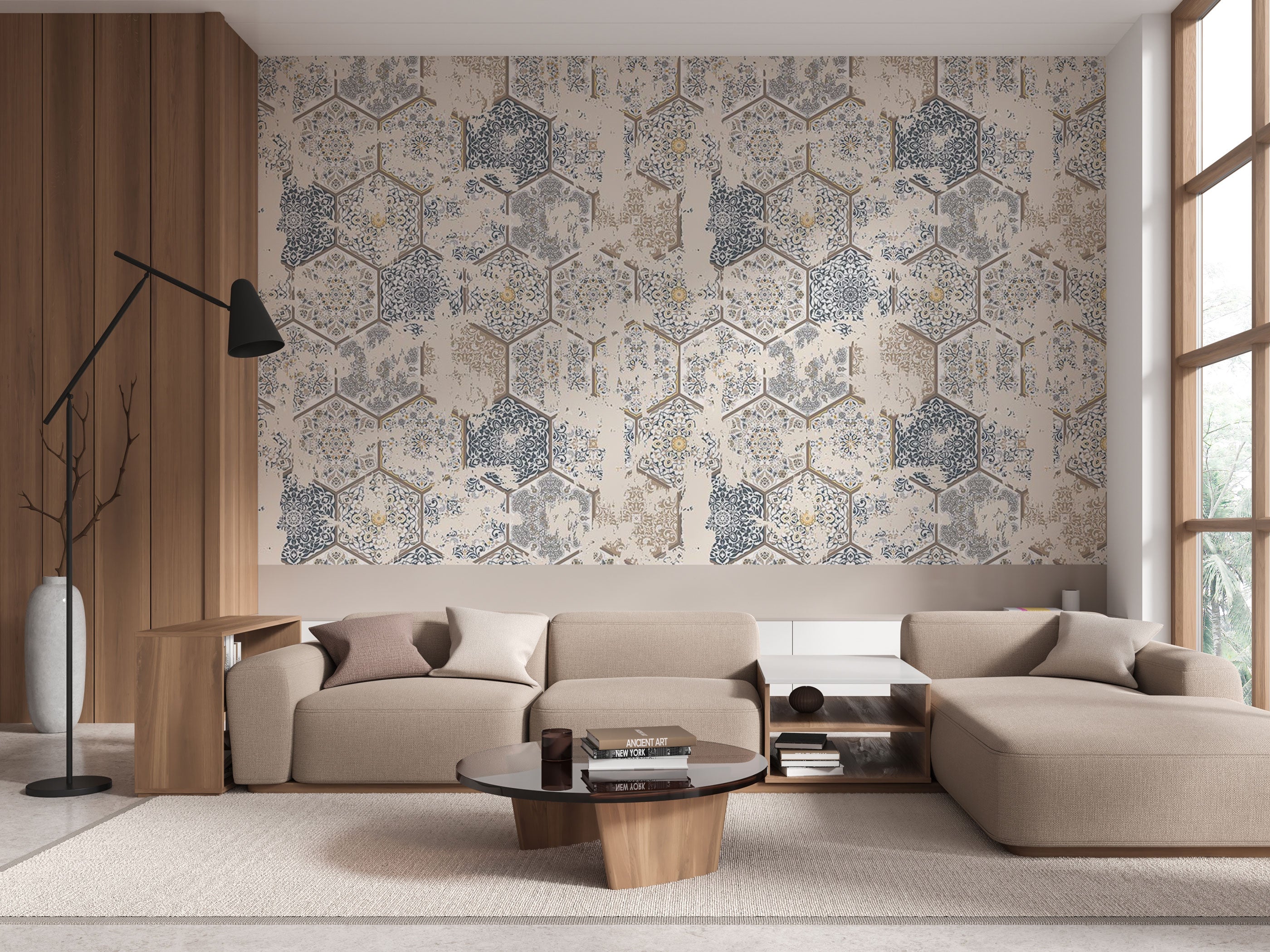 Wallpaper with decorative hexagon tile pattern in soft beige, blue, and muted neutral tones with a vintage mosaic effect