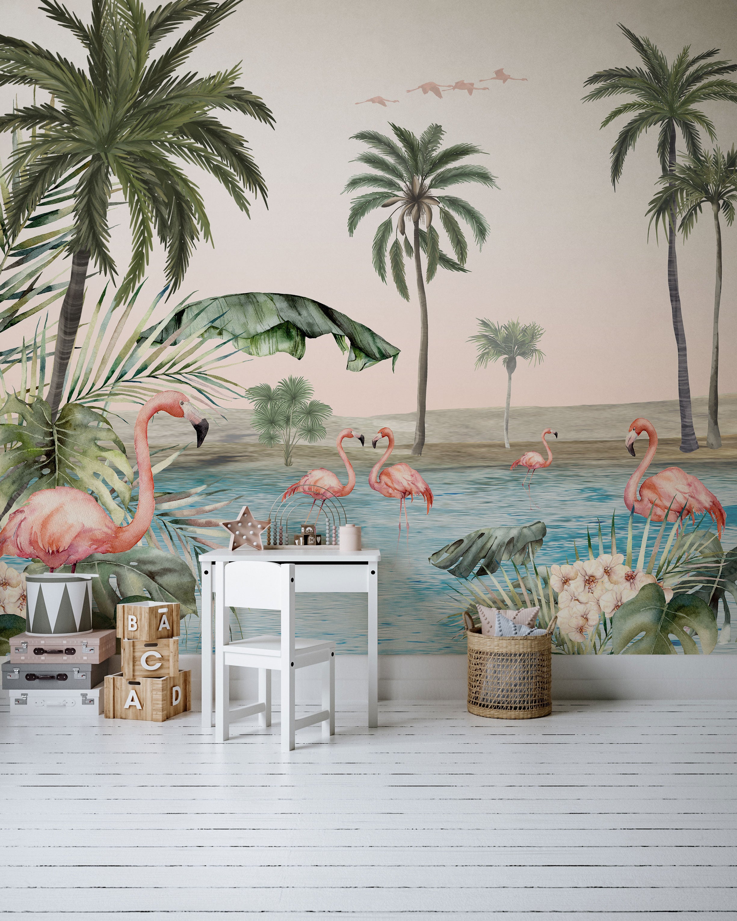 Tropical wall mural with flamingos, palm trees and illustrated water landscape