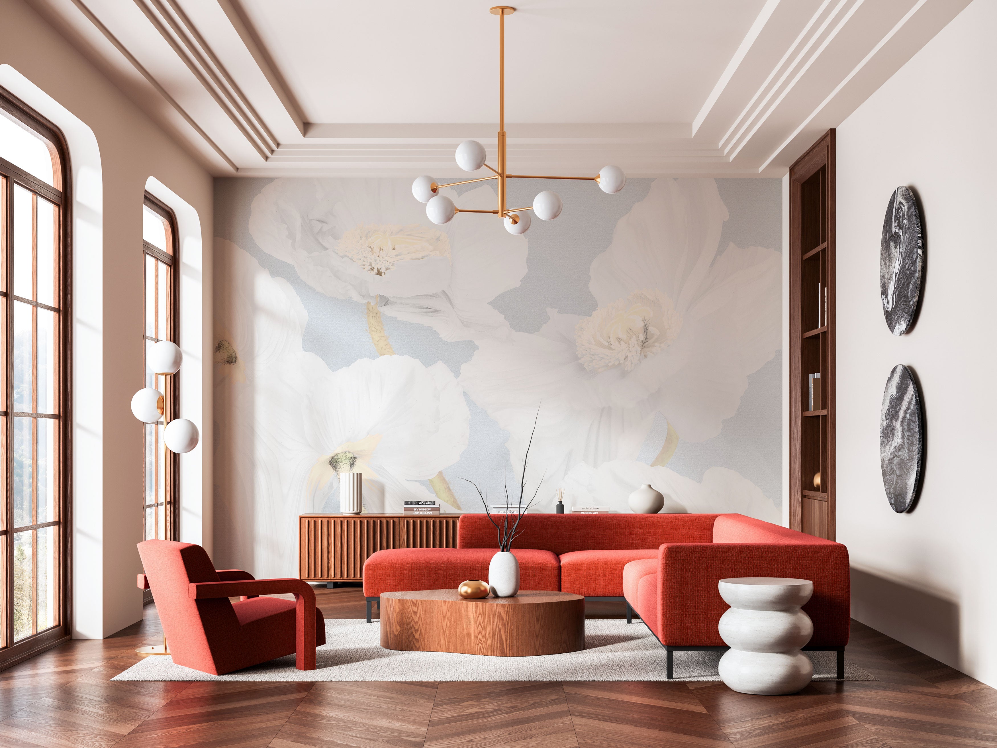 Elegant floral wallpaper with large soft white blossoms on a muted blue-grey background