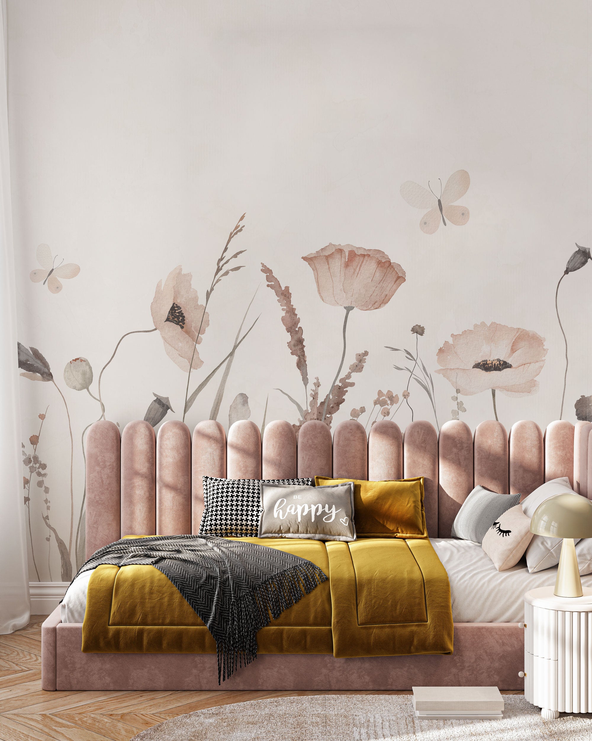 Watercolor mural wallpaper with soft meadow flowers, butterflies, and blush beige tones on a light background.