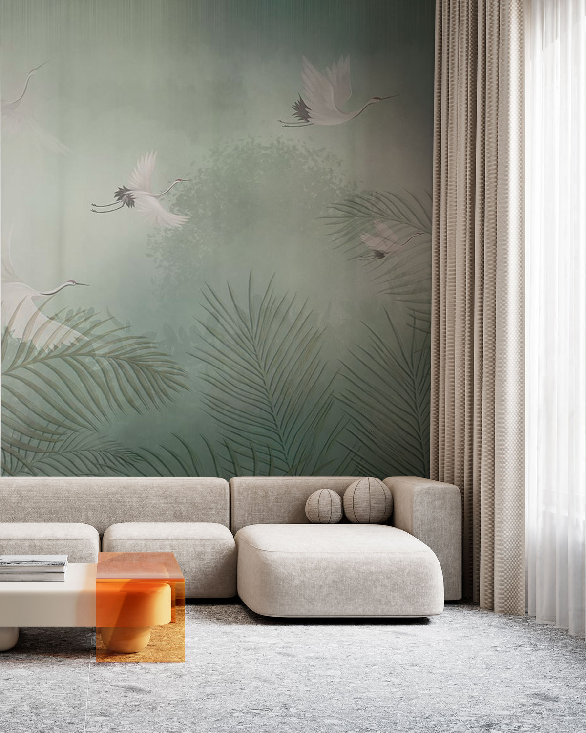 Elegant crane wallpaper with palm leaves in soft green watercolor style