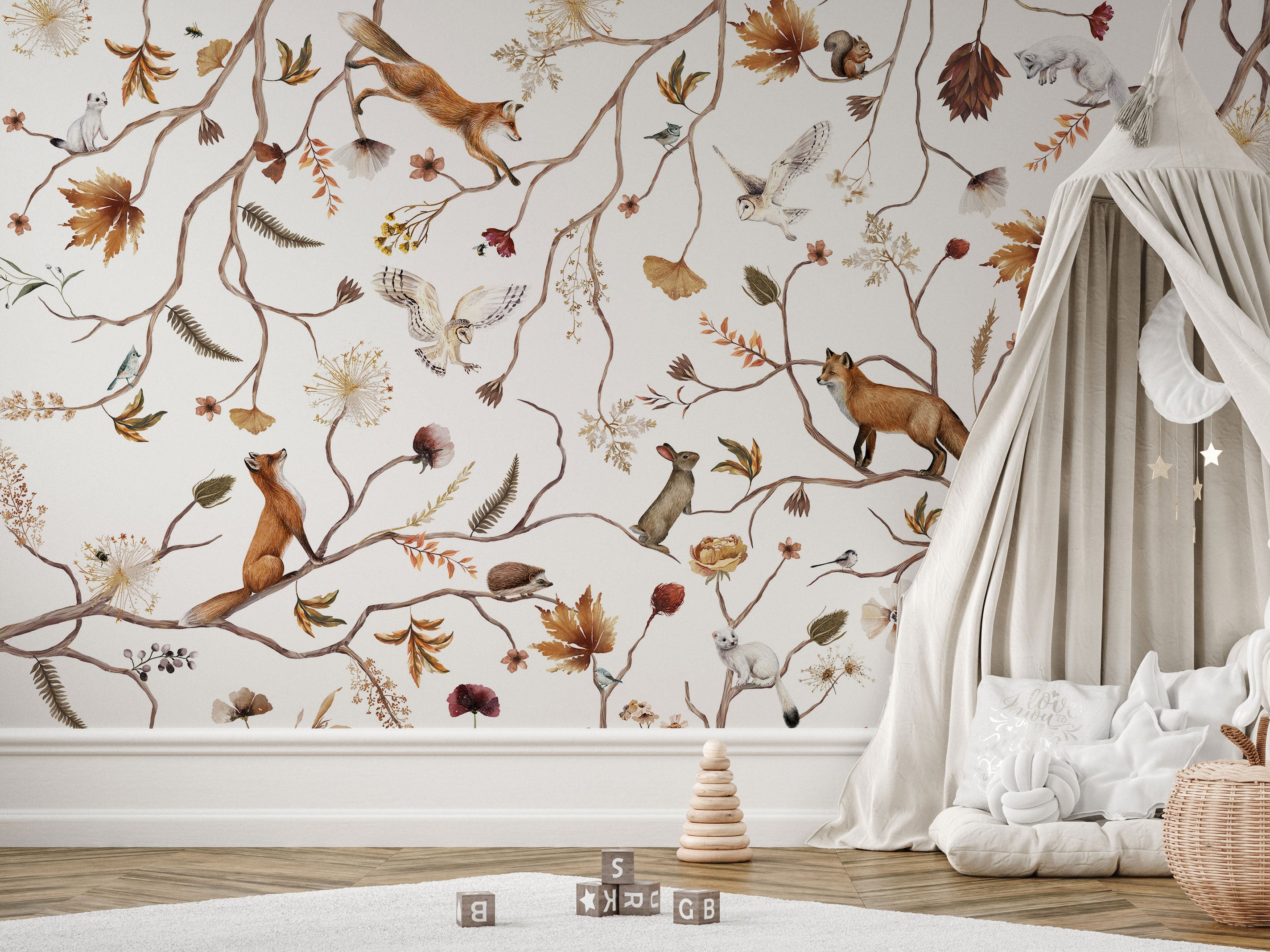 wallpaper with white background and animals and forest and branches vintage look