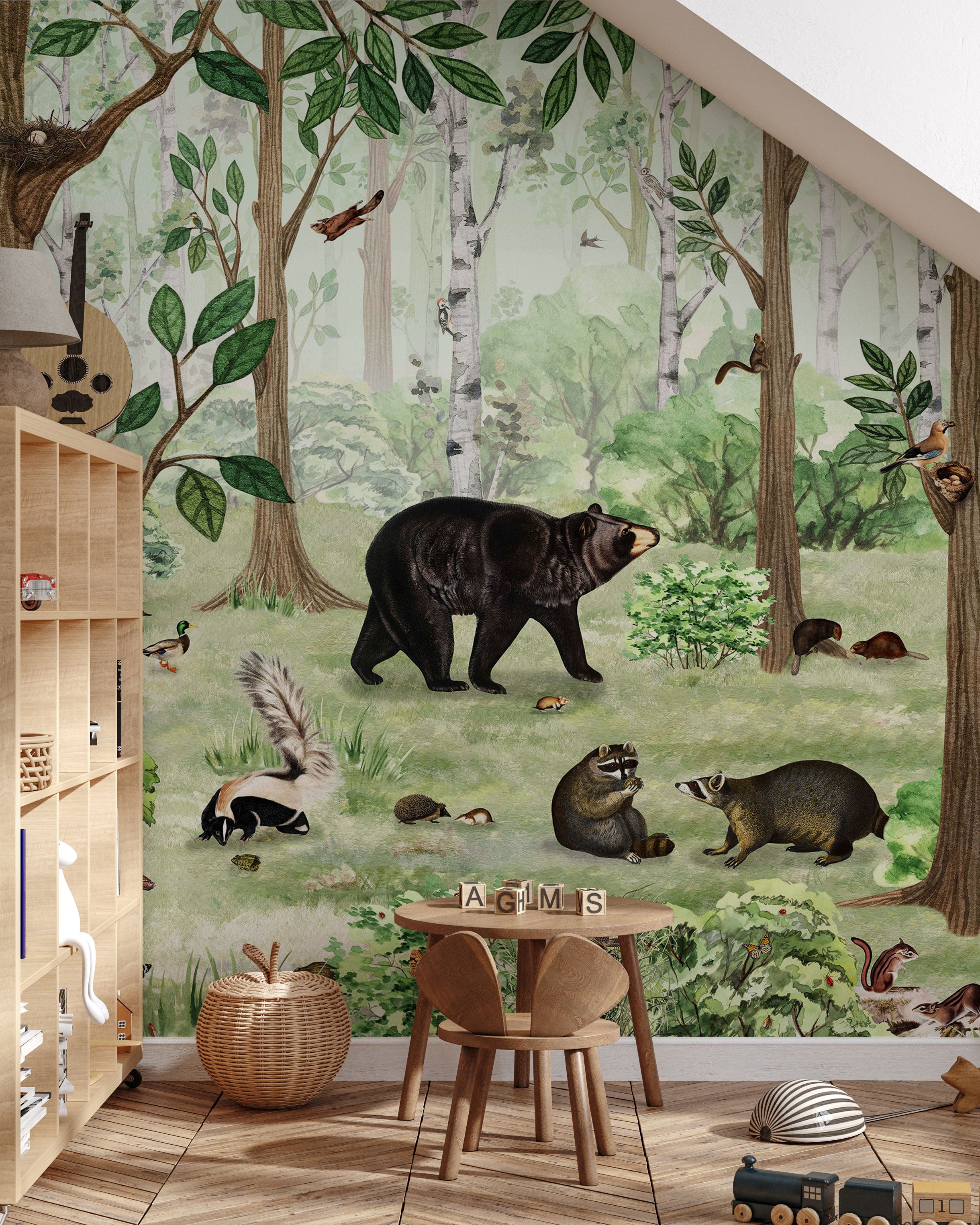 Forest animals wallpaper mural with illustrated bears, deer, birds, and woodland wildlife in a green forest setting.