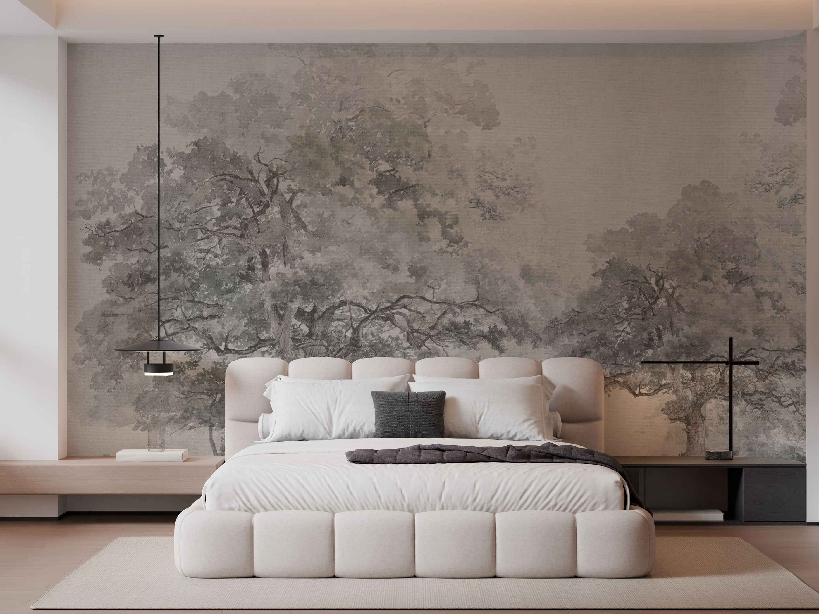 Grey forest landscape wallpaper with delicate tree silhouettes and soft, atmospheric texture