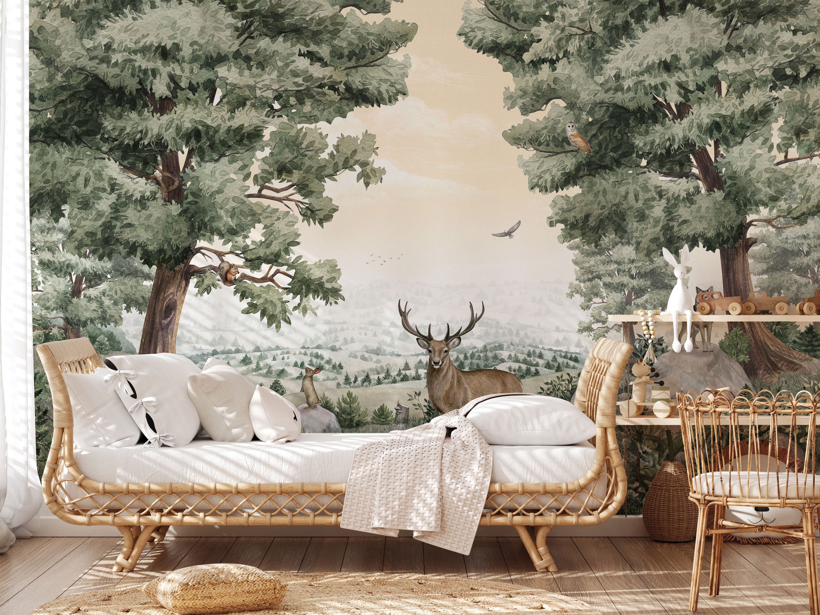 Forest animals mural wallpaper with deer, foxes, wolves, birds, and green woodland landscape
