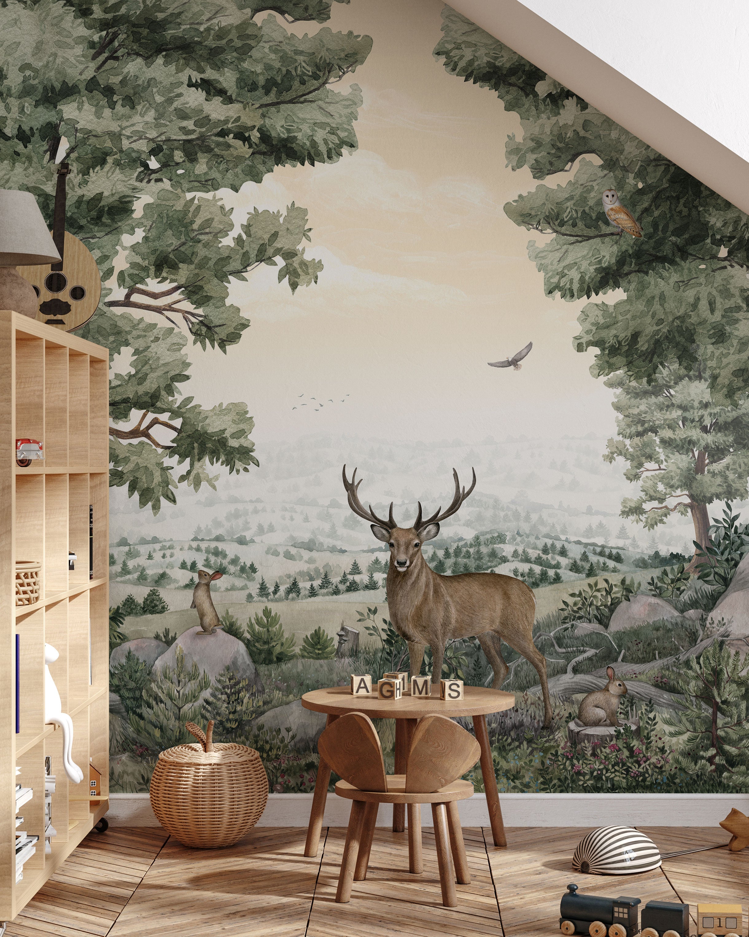 Forest animals mural wallpaper with deer, foxes, wolves, birds, and green woodland landscape