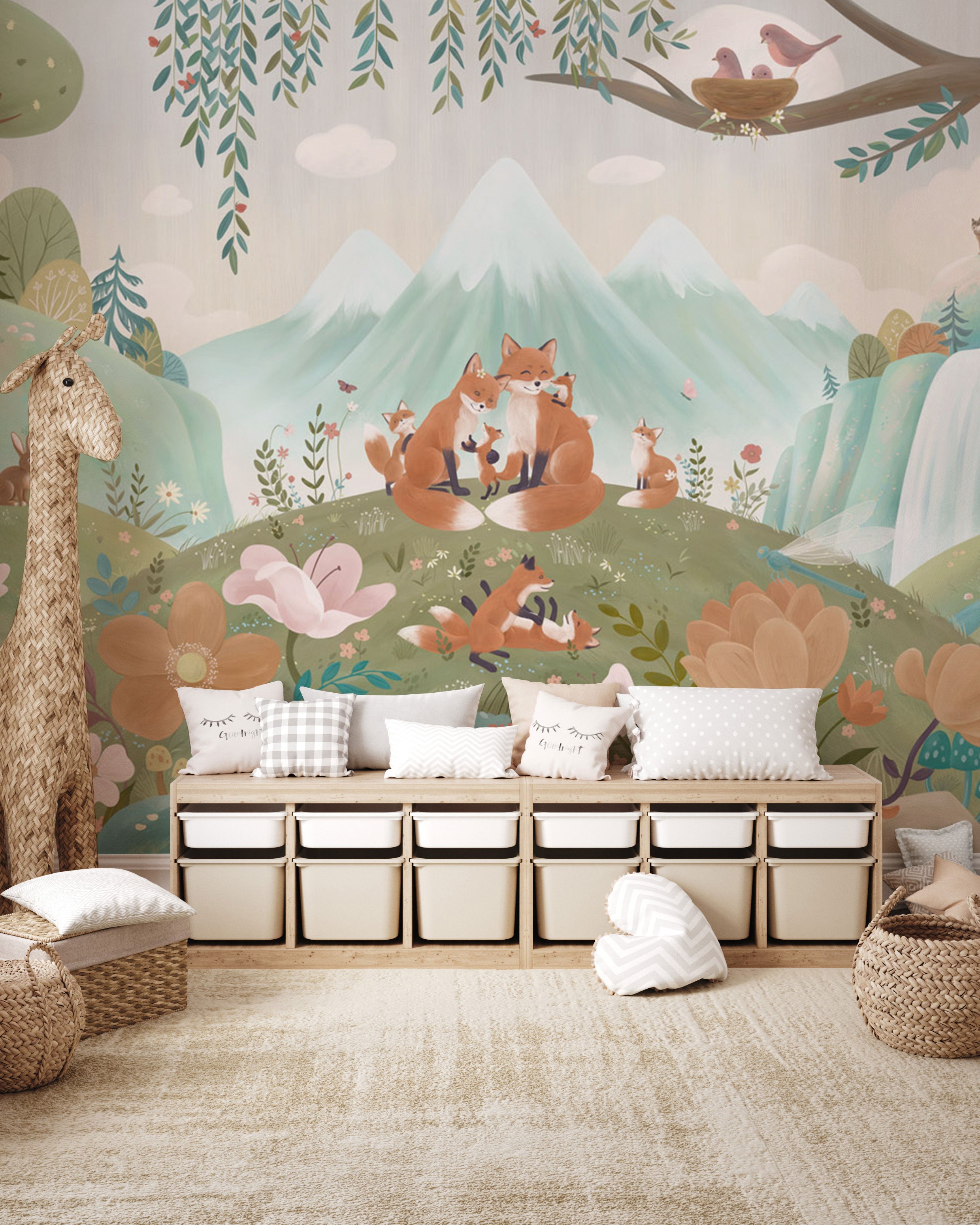 fox family wallpaper with woodland animals, pastel forest landscape, illustrated foxes, mountains, flowers and soft green tones