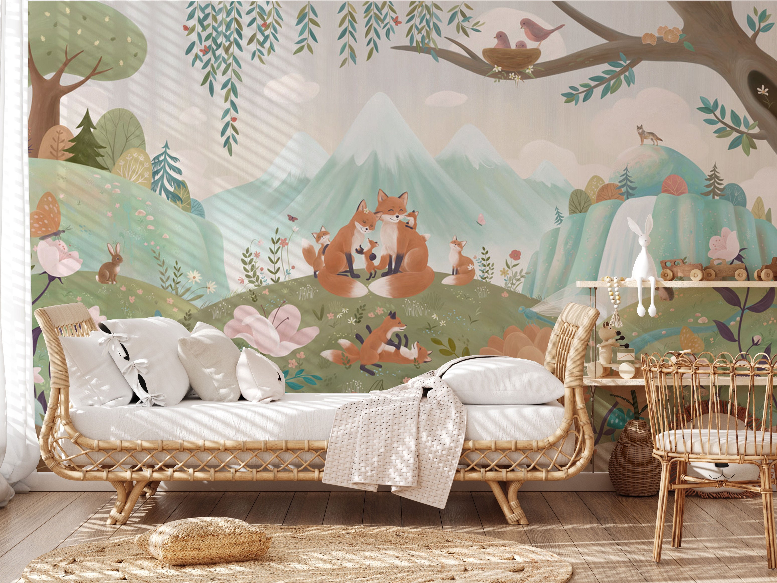 fox family wallpaper with woodland animals, pastel forest landscape, illustrated foxes, mountains, flowers and soft green tones