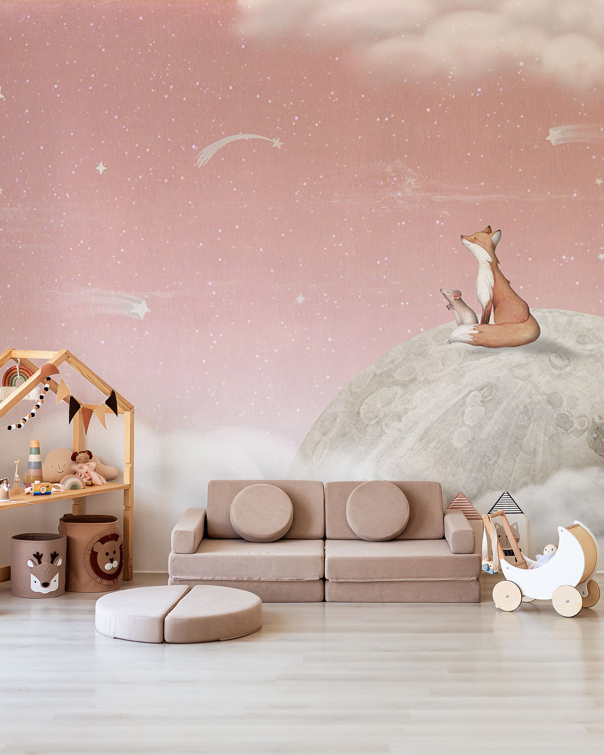 Pastel pink wallpaper with a dreamy night sky, featuring a moon, stars, shooting stars and an illustrated fox