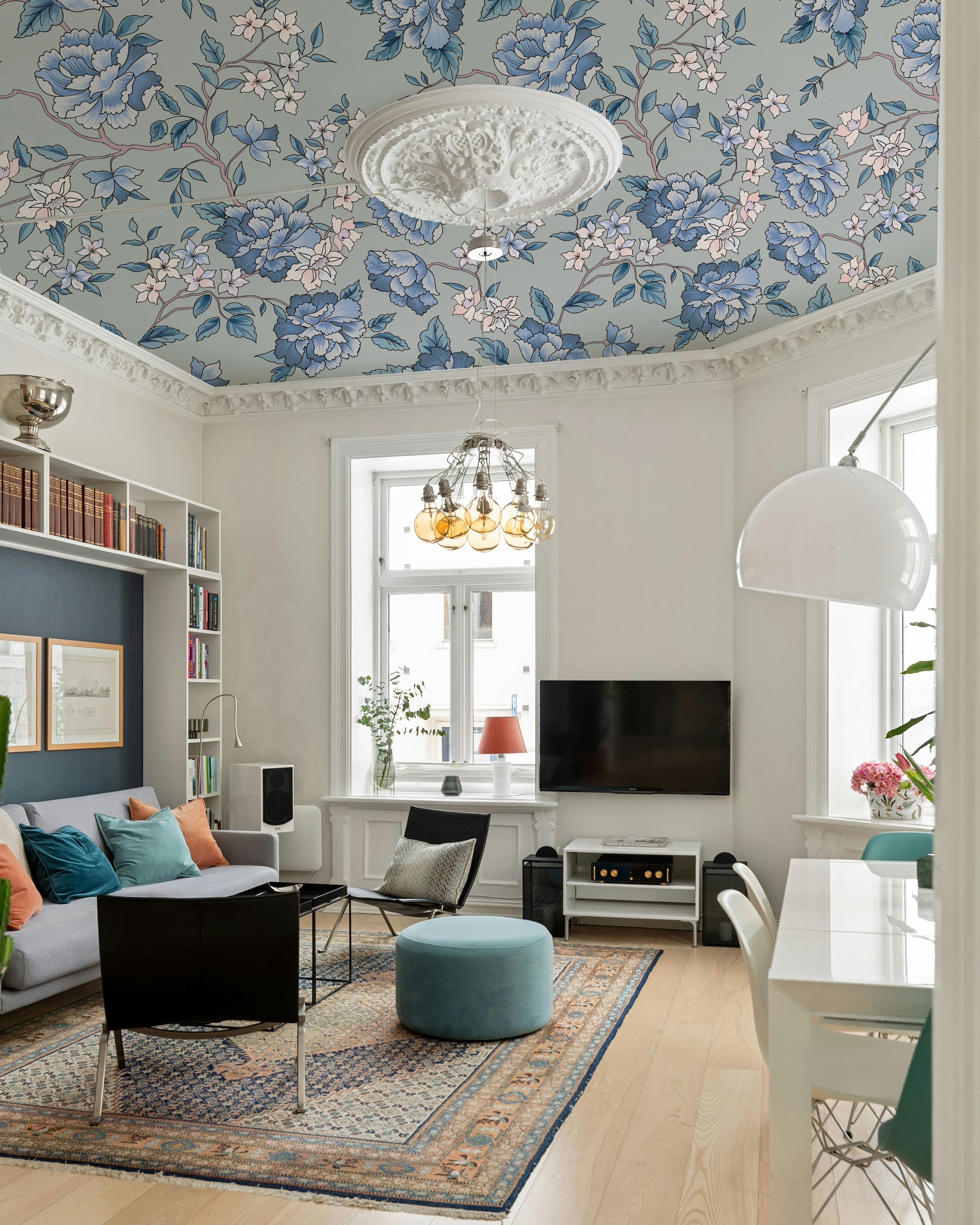 ceiling wallpaper with flowers on grey background