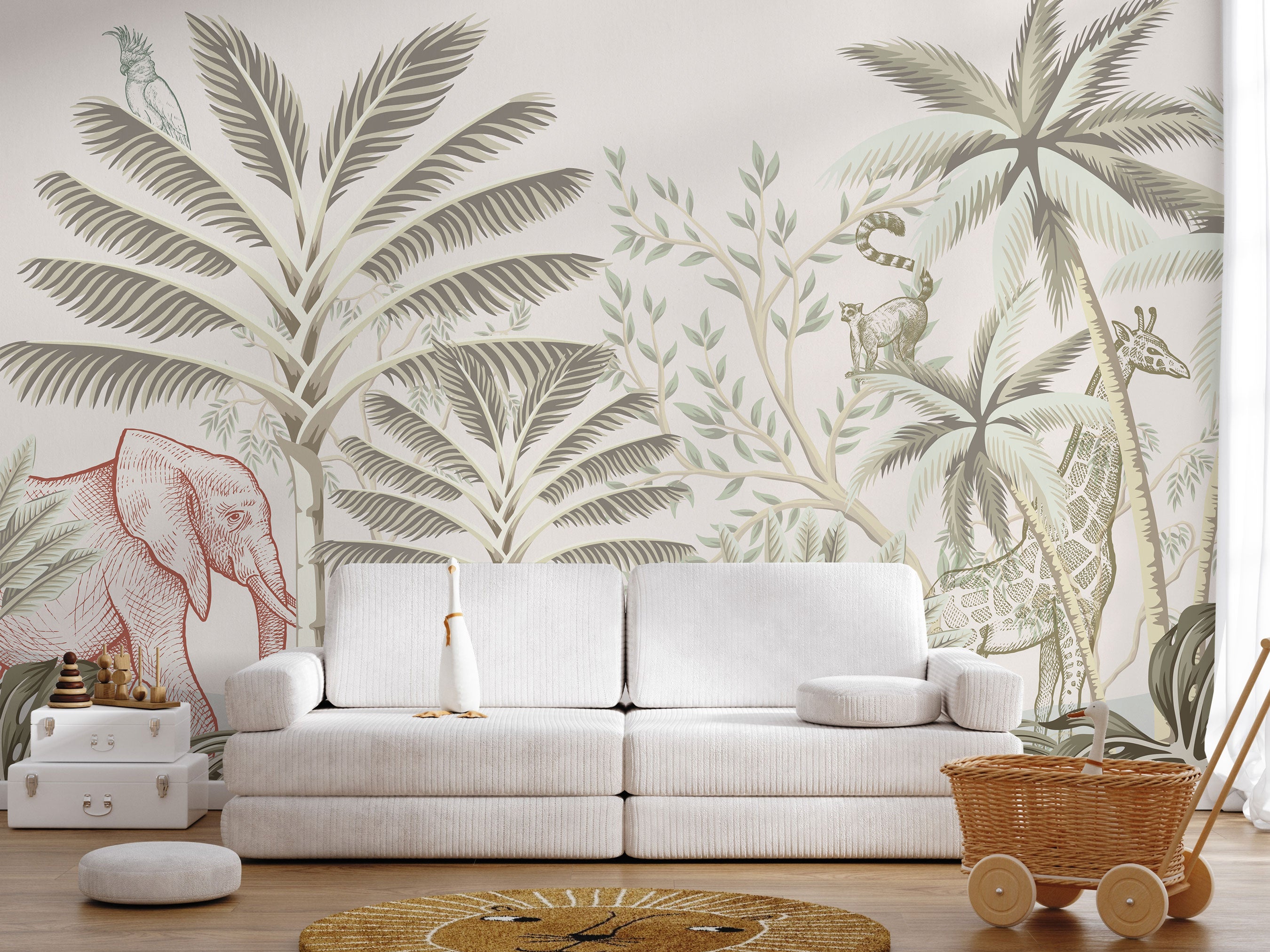 Jungle safari wallpaper with palm trees and animals in soft neutral tones