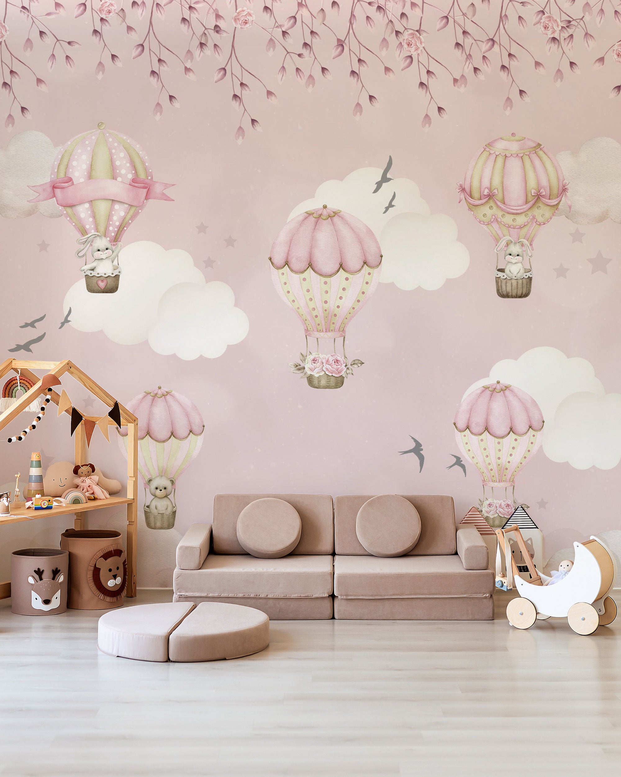 Pink nursery wallpaper with hot air balloons, teddy bears and clouds