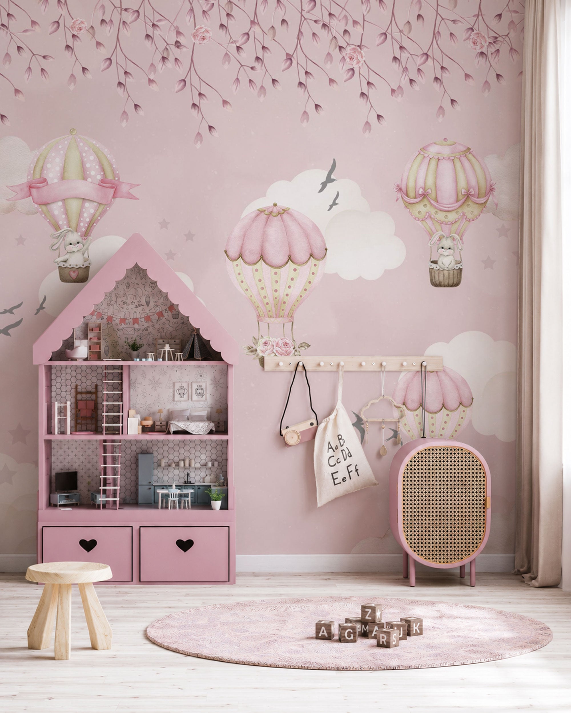 Pink Hot Air Balloon Nursery Wallpaper