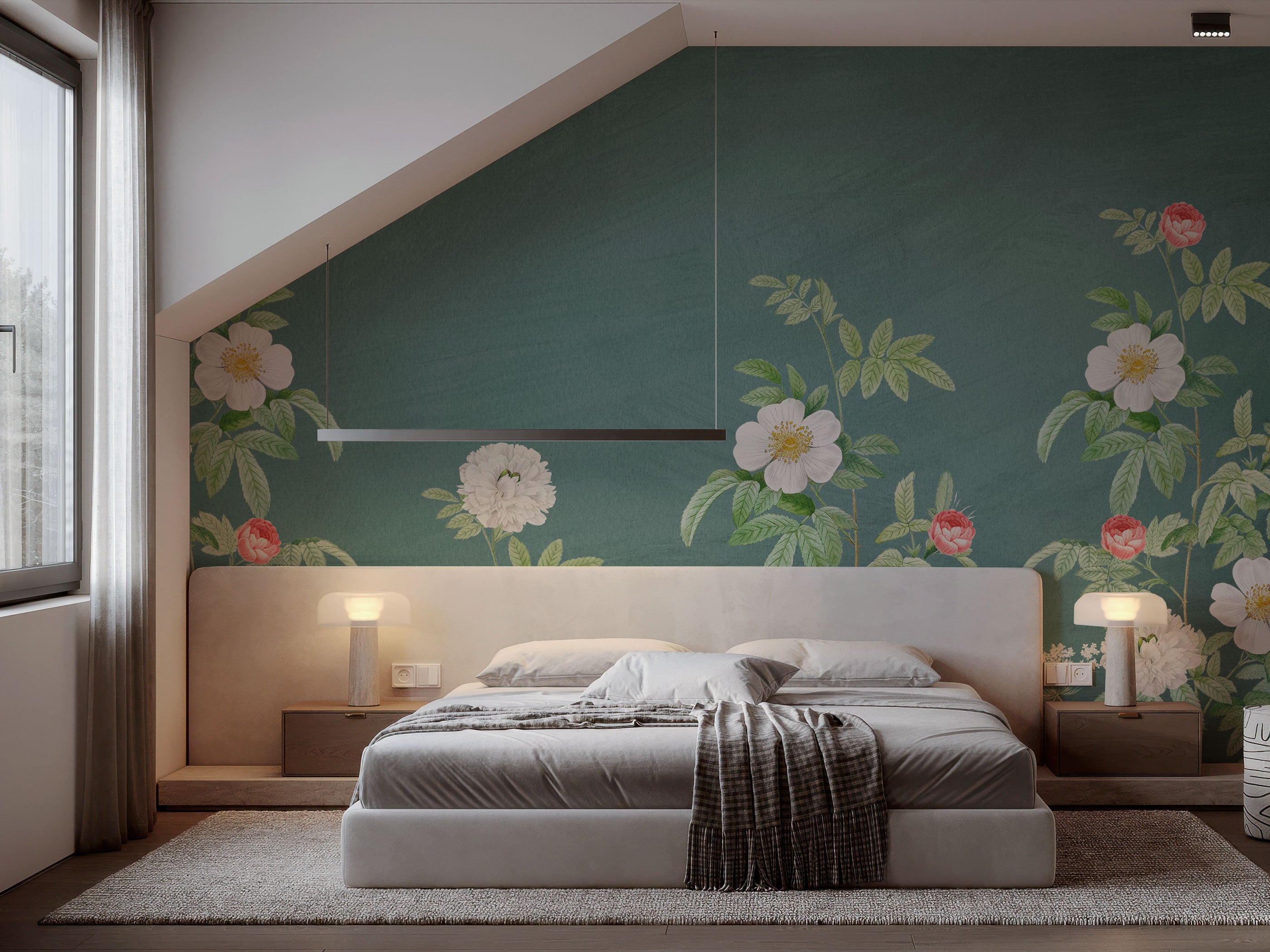 Botanical wallpaper with wild rose flowers and green leaves on a deep muted green background