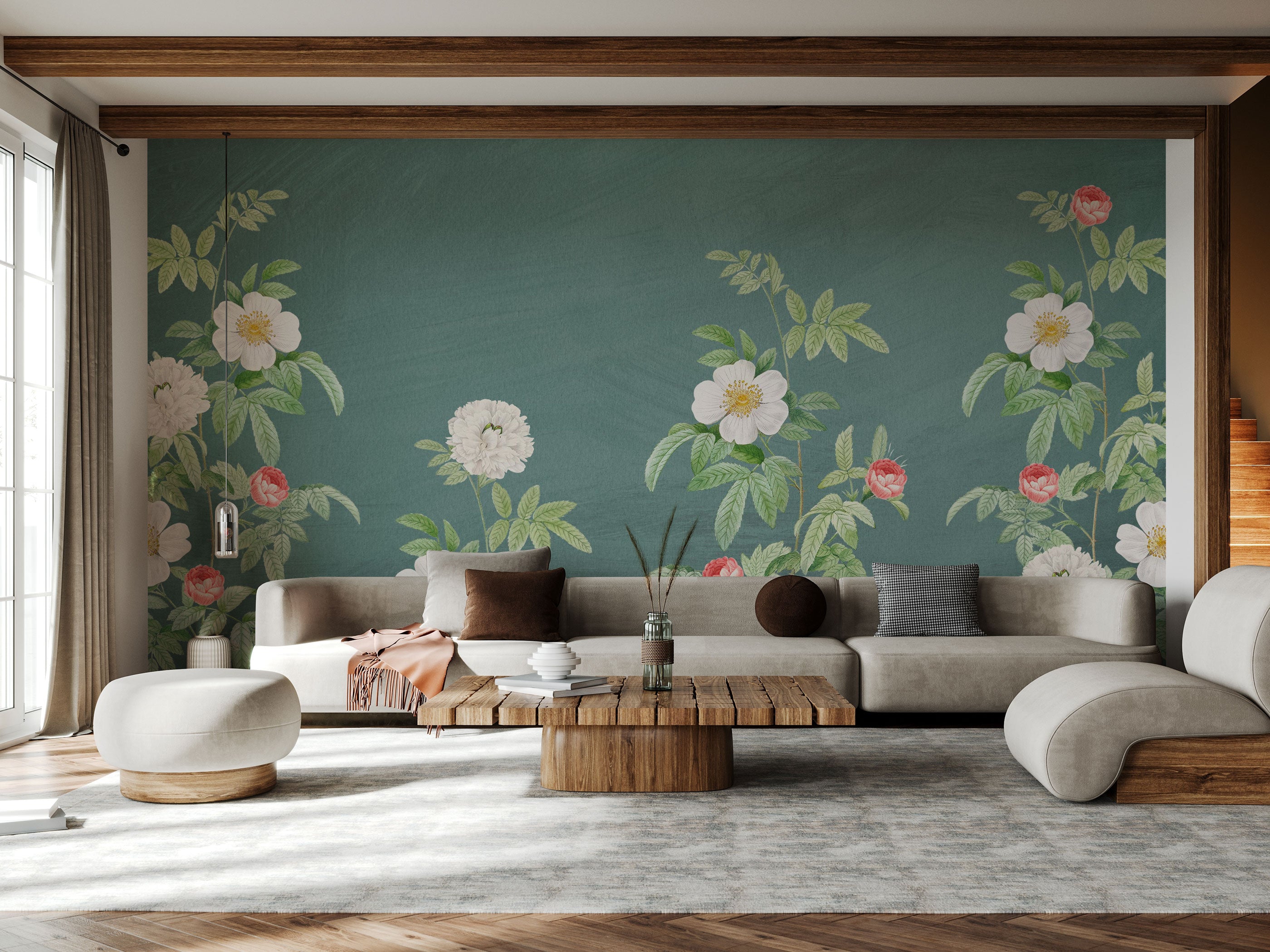 Botanical wallpaper with wild rose flowers and green leaves on a deep muted green background