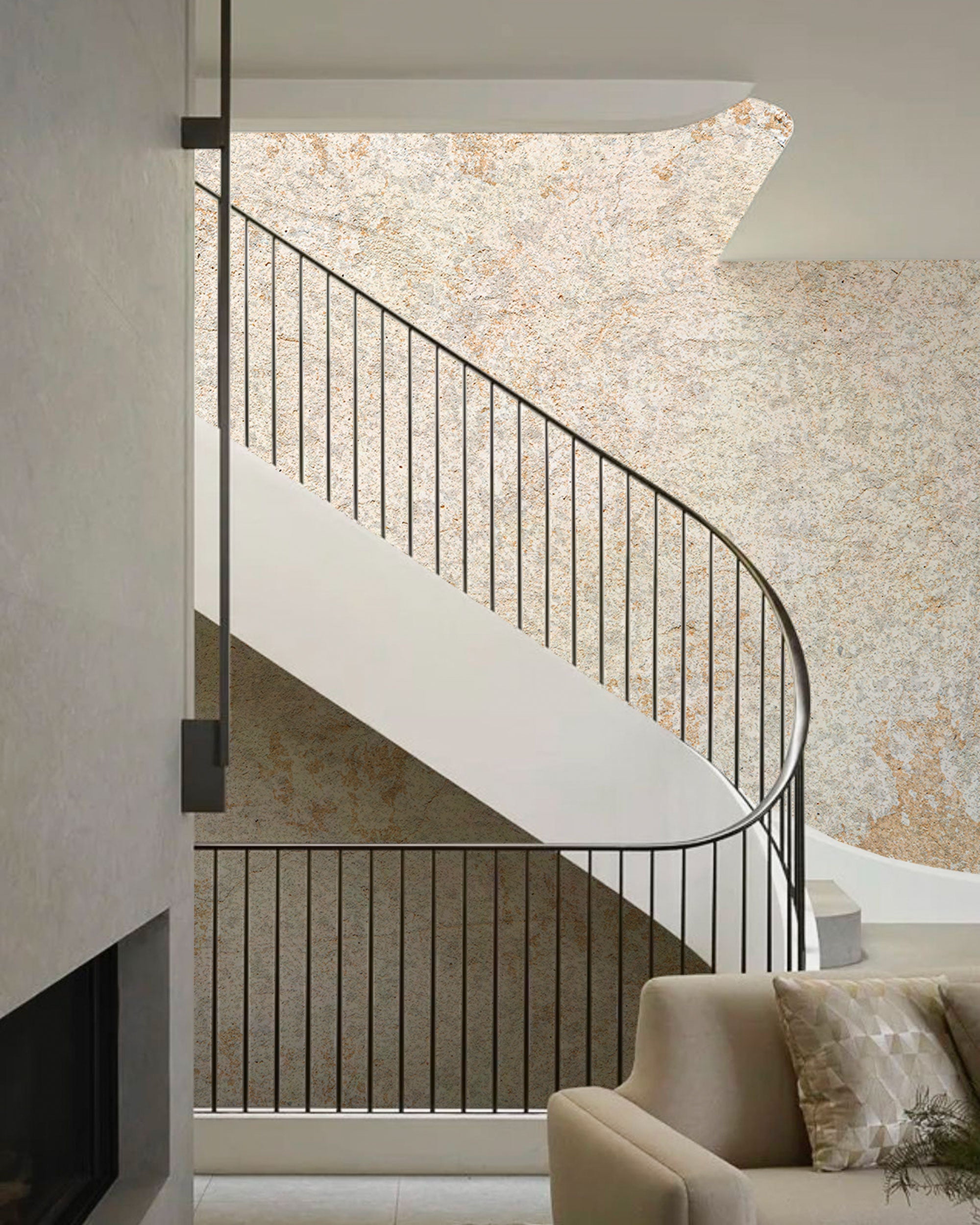 Textured wallpaper with stone-like surface in warm beige, light grey, sand, and subtle ochre tones with an organic natural finish