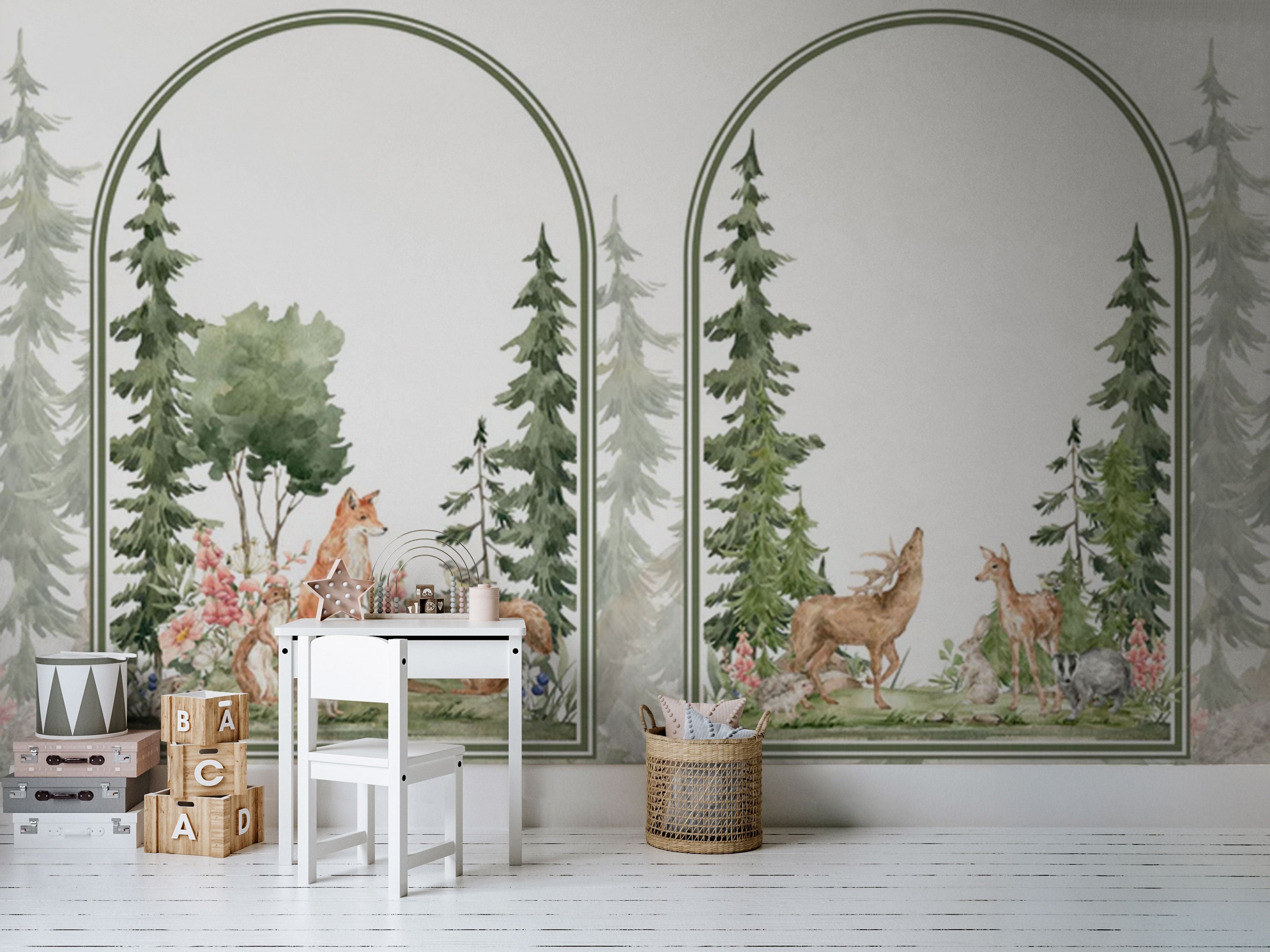 Watercolor woodland animals mural wallpaper with arched frames in soft green and neutral tones