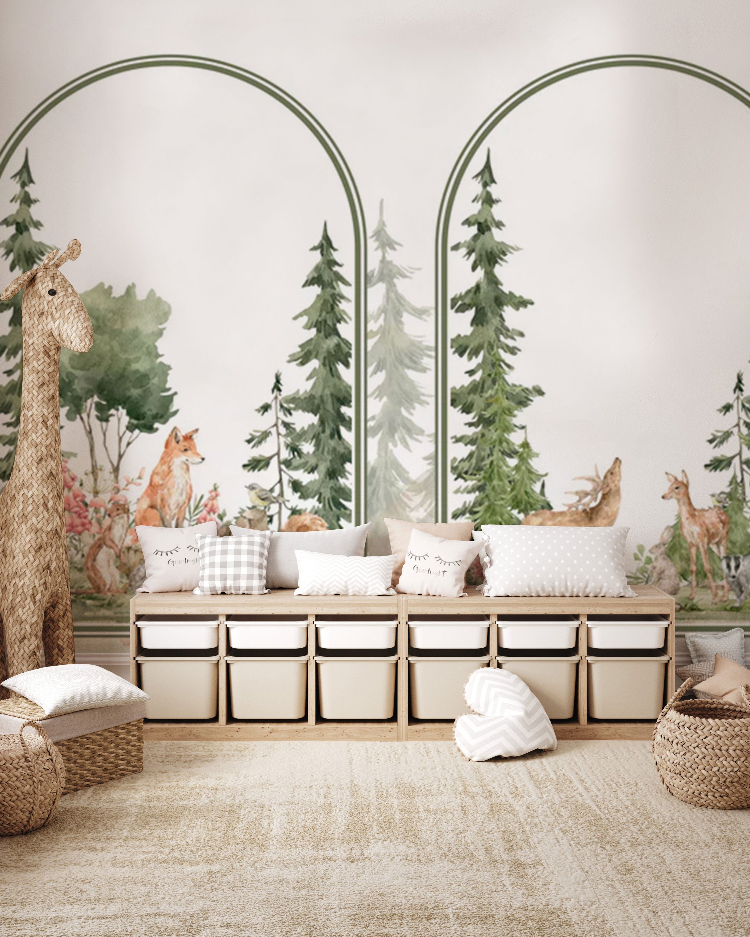 Watercolor woodland animals mural wallpaper with arched frames in soft green and neutral tones