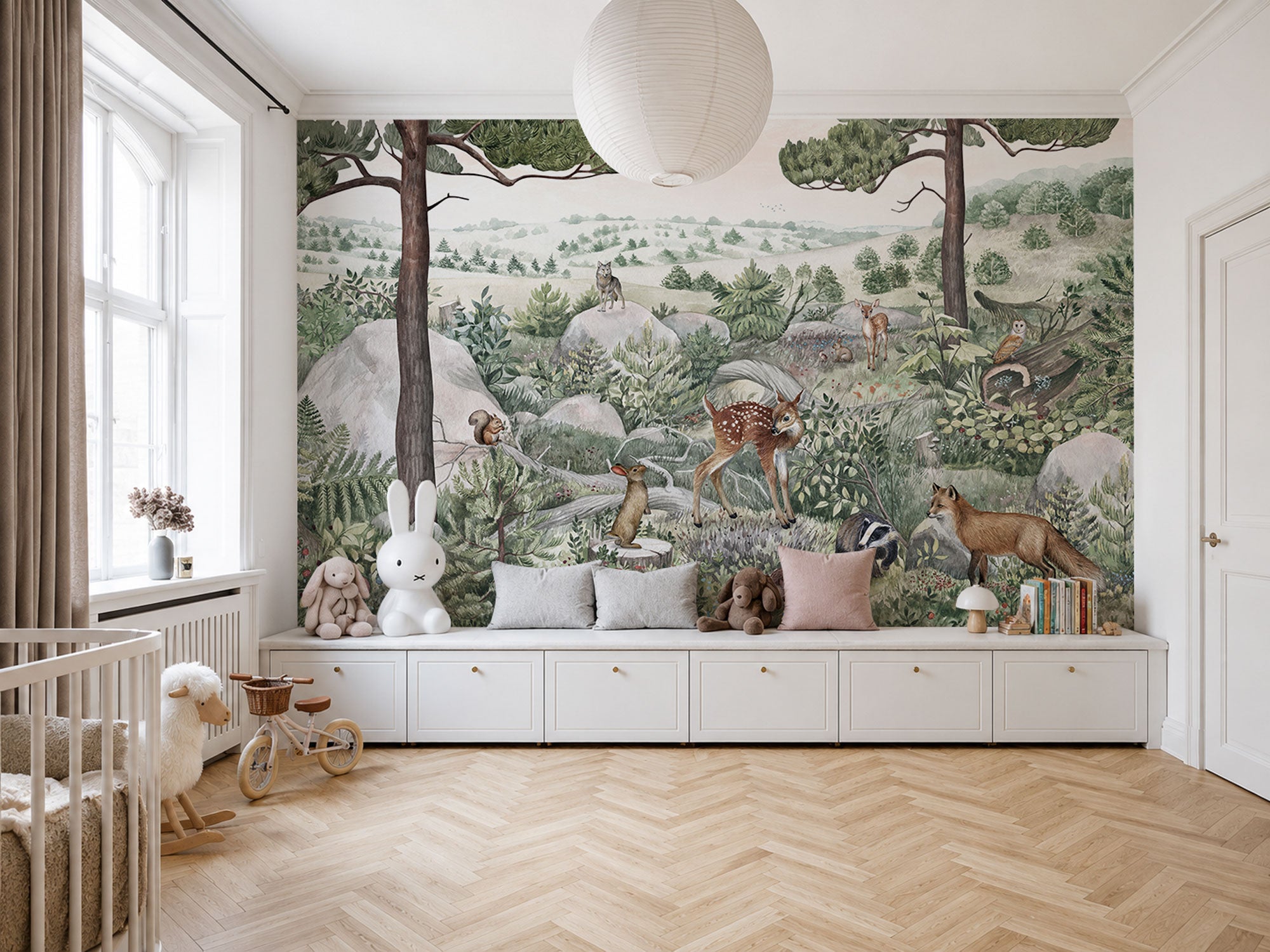 Illustrated forest animals wallpaper with deer, foxes, rabbits, squirrels, and woodland landscape in soft green tones