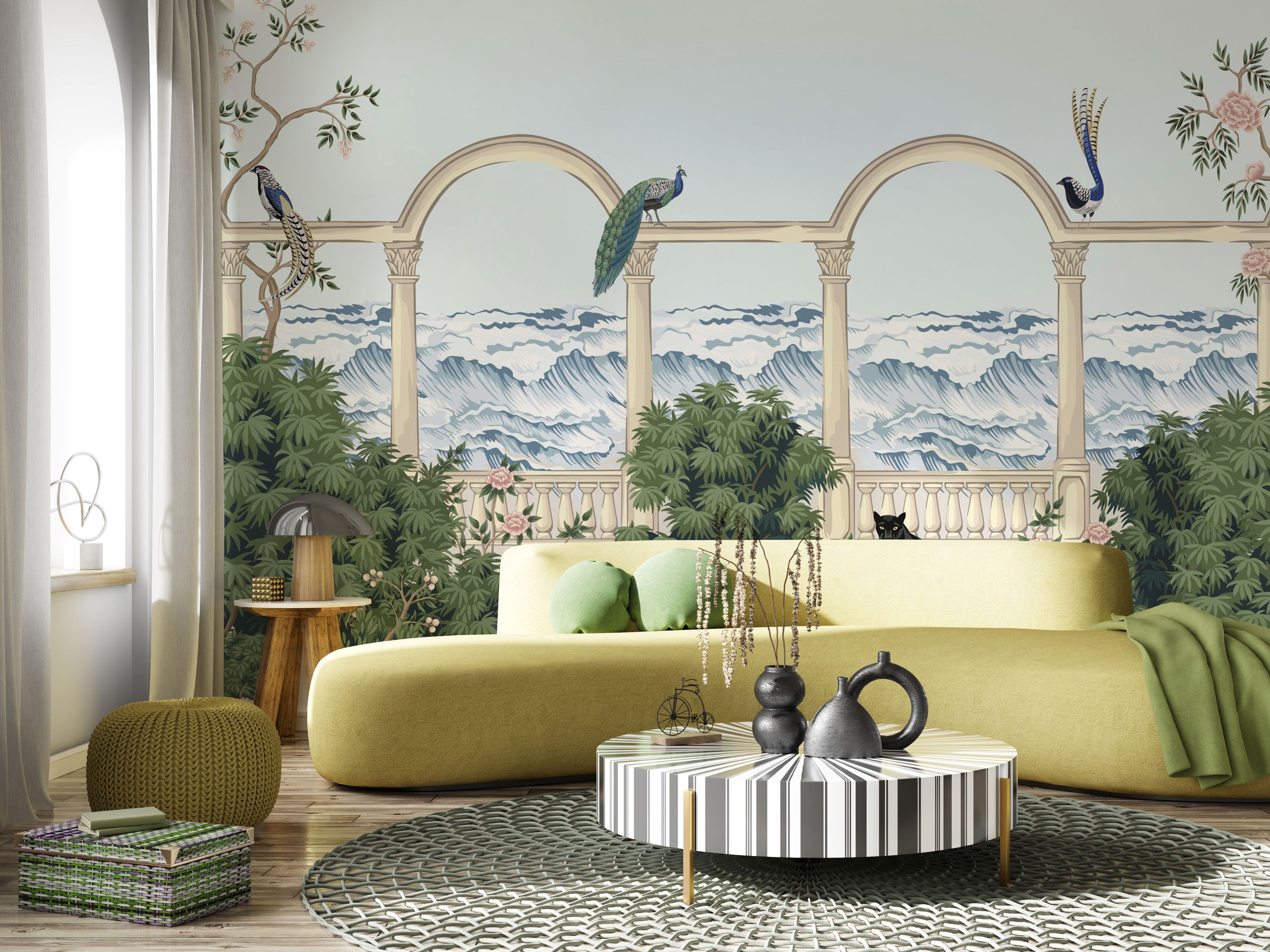 wallpaper with classical arches, peacocks, lush botanical foliage, stylised ocean waves, and a panther set in an elegant illustrated garden landscape