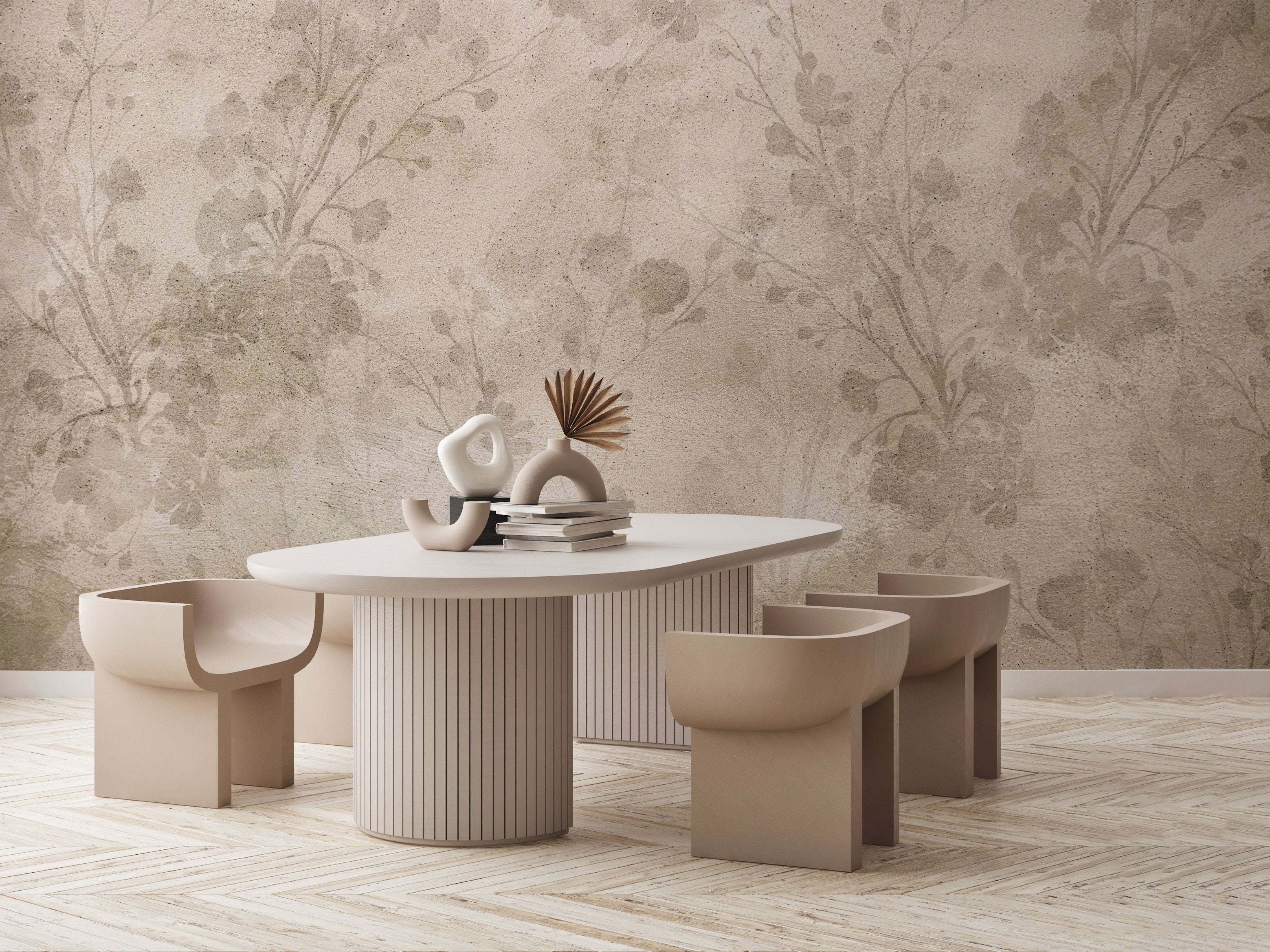Herbarium wallpaper featuring subtle botanical silhouettes on a textured neutral background with a vintage natural aesthetic.