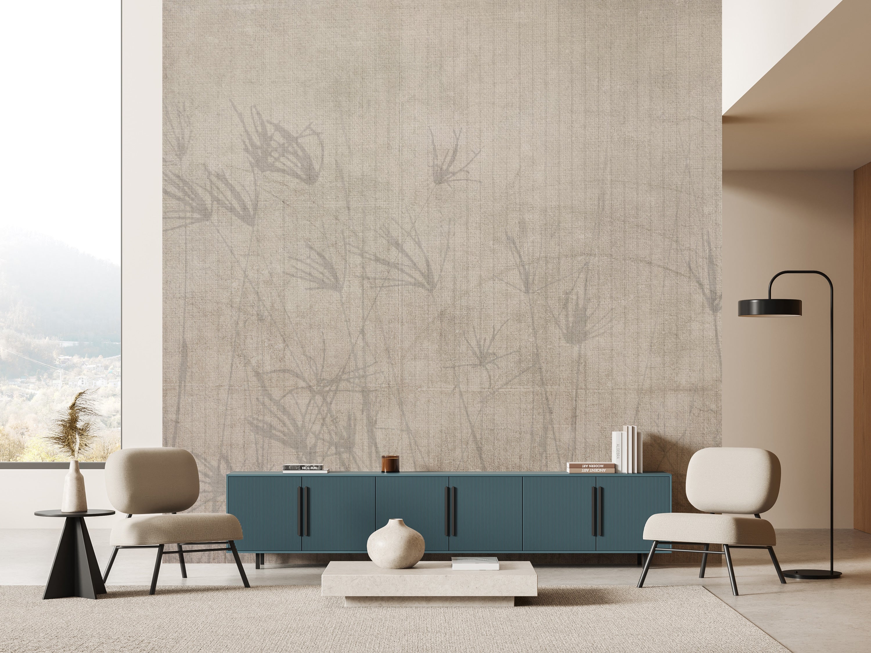 beige-grey wallpaper with leaves and stripes, minimal