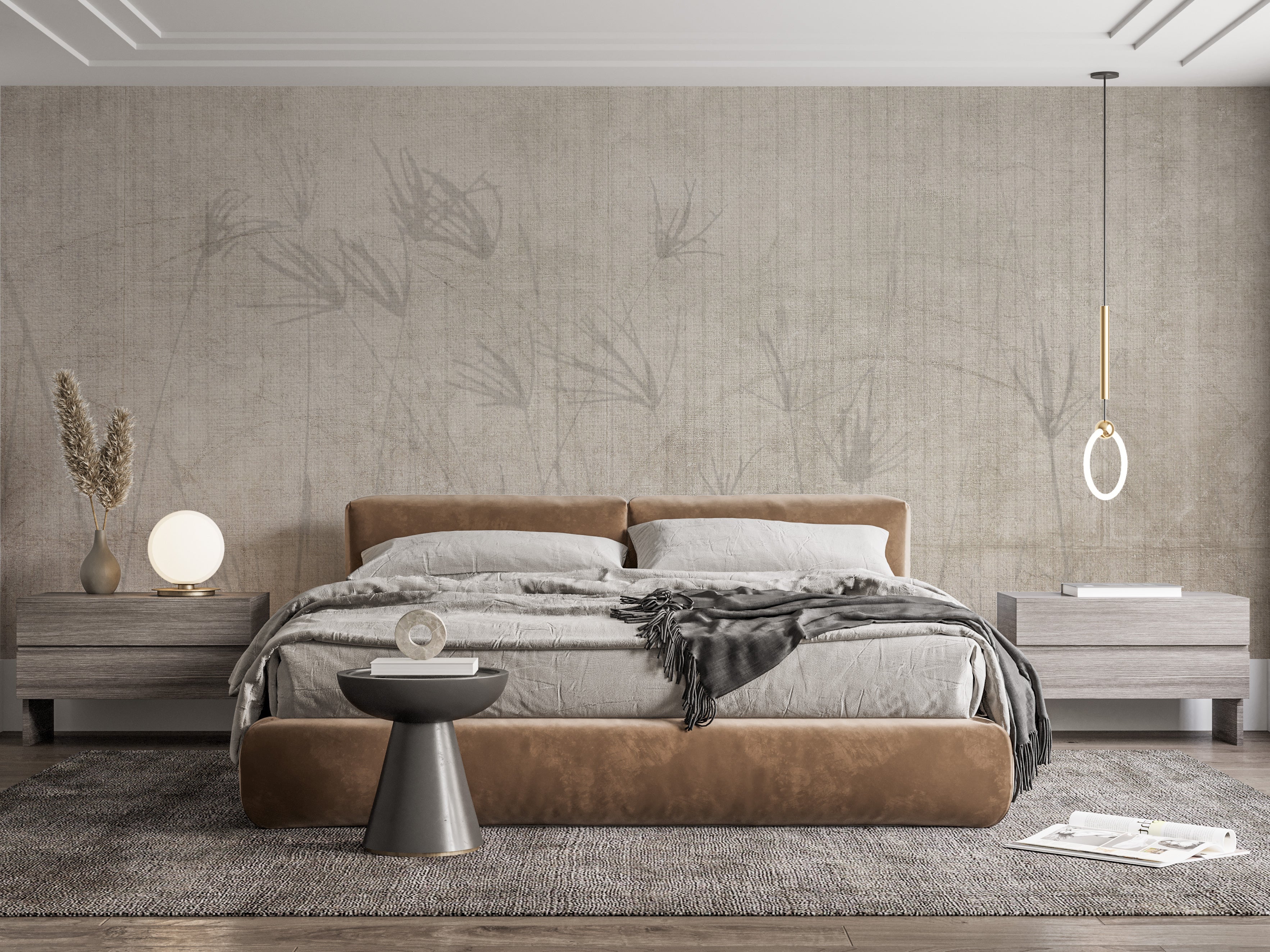 beige-grey wallpaper with leaves and stripes, minimal