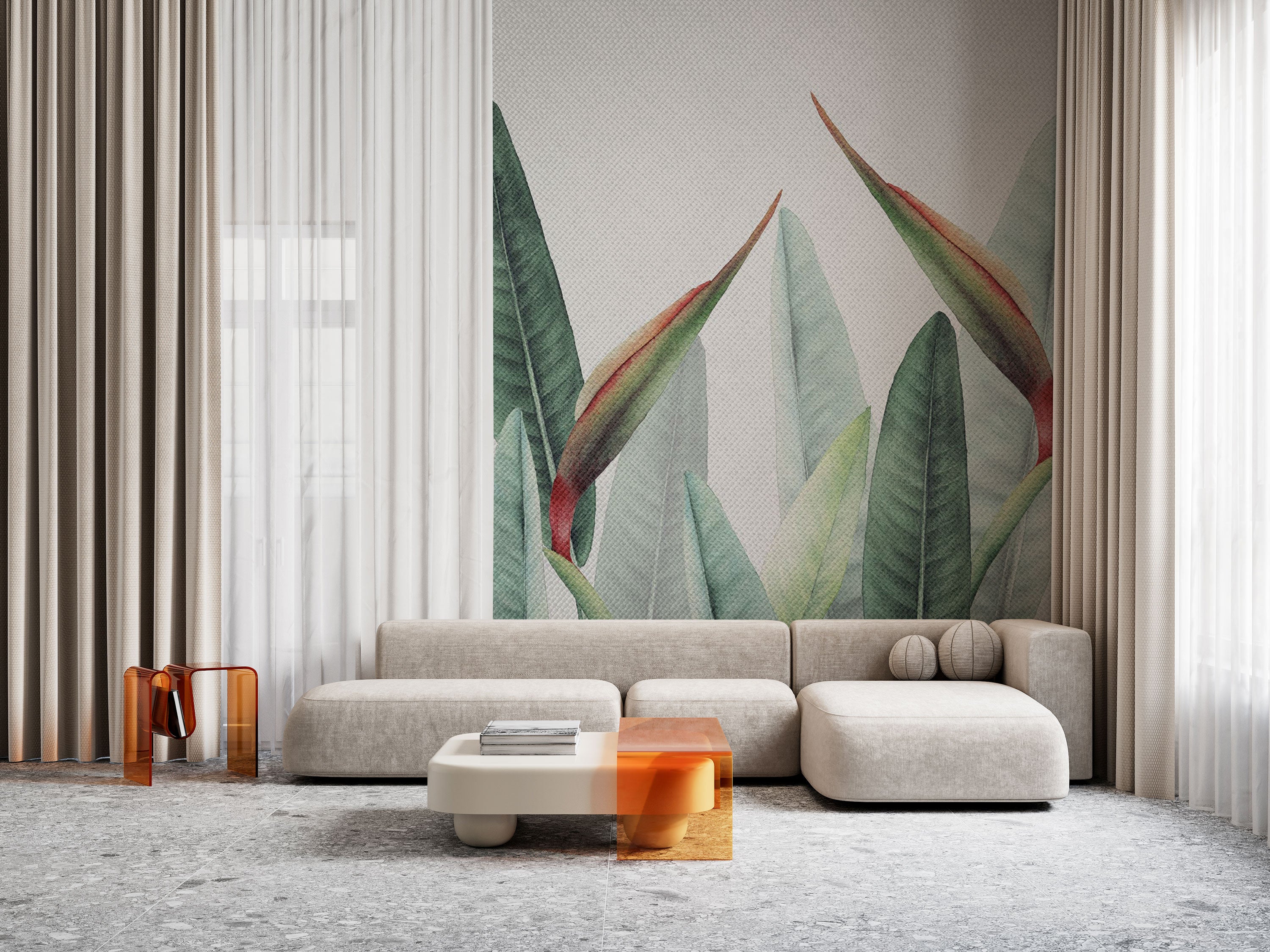 Watercolor botanical wallpaper with large green and sage leaves on a subtle textured background, creating a calm and elegant natural interior look