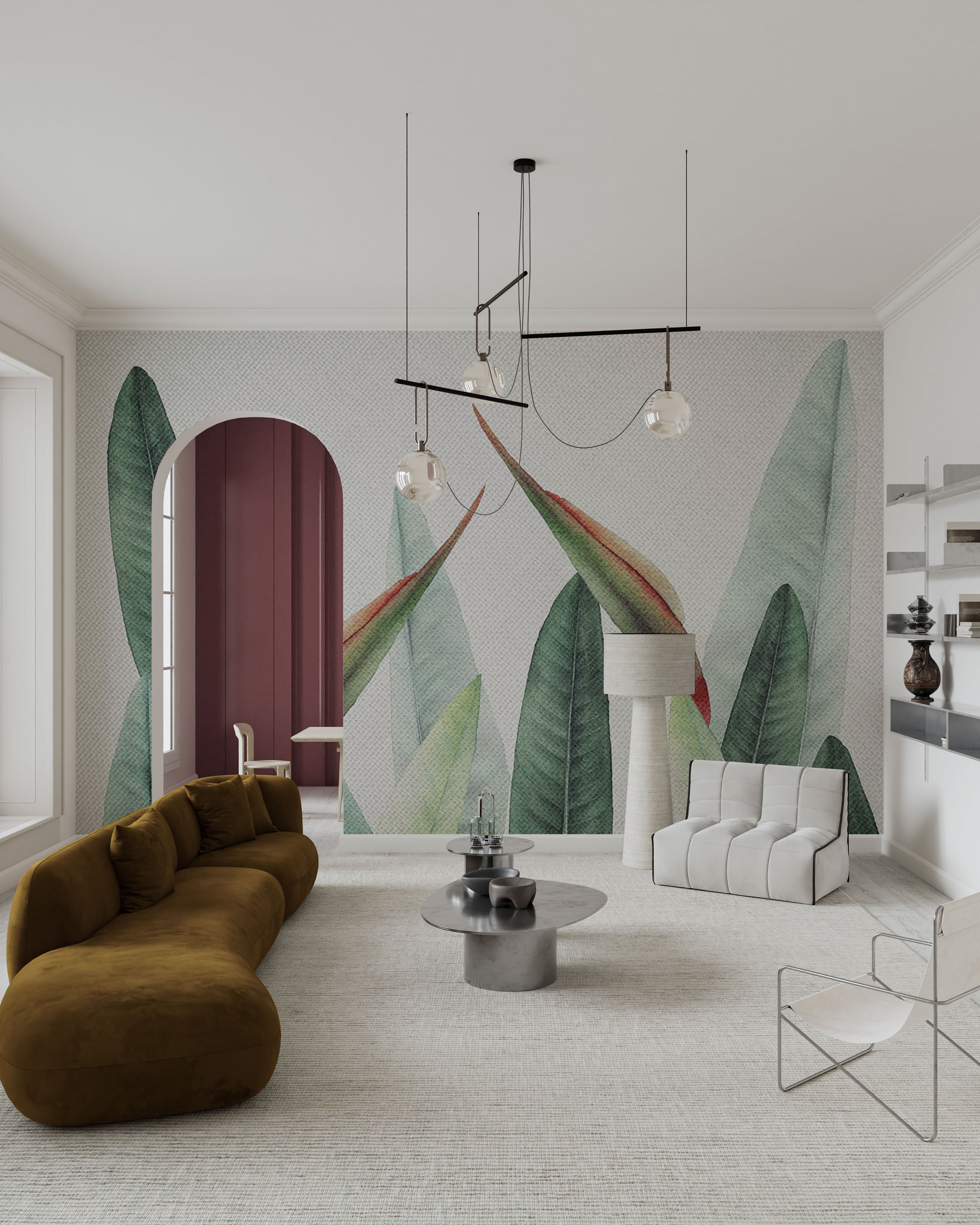 Watercolor botanical wallpaper with large green and sage leaves on a subtle textured background, creating a calm and elegant natural interior look