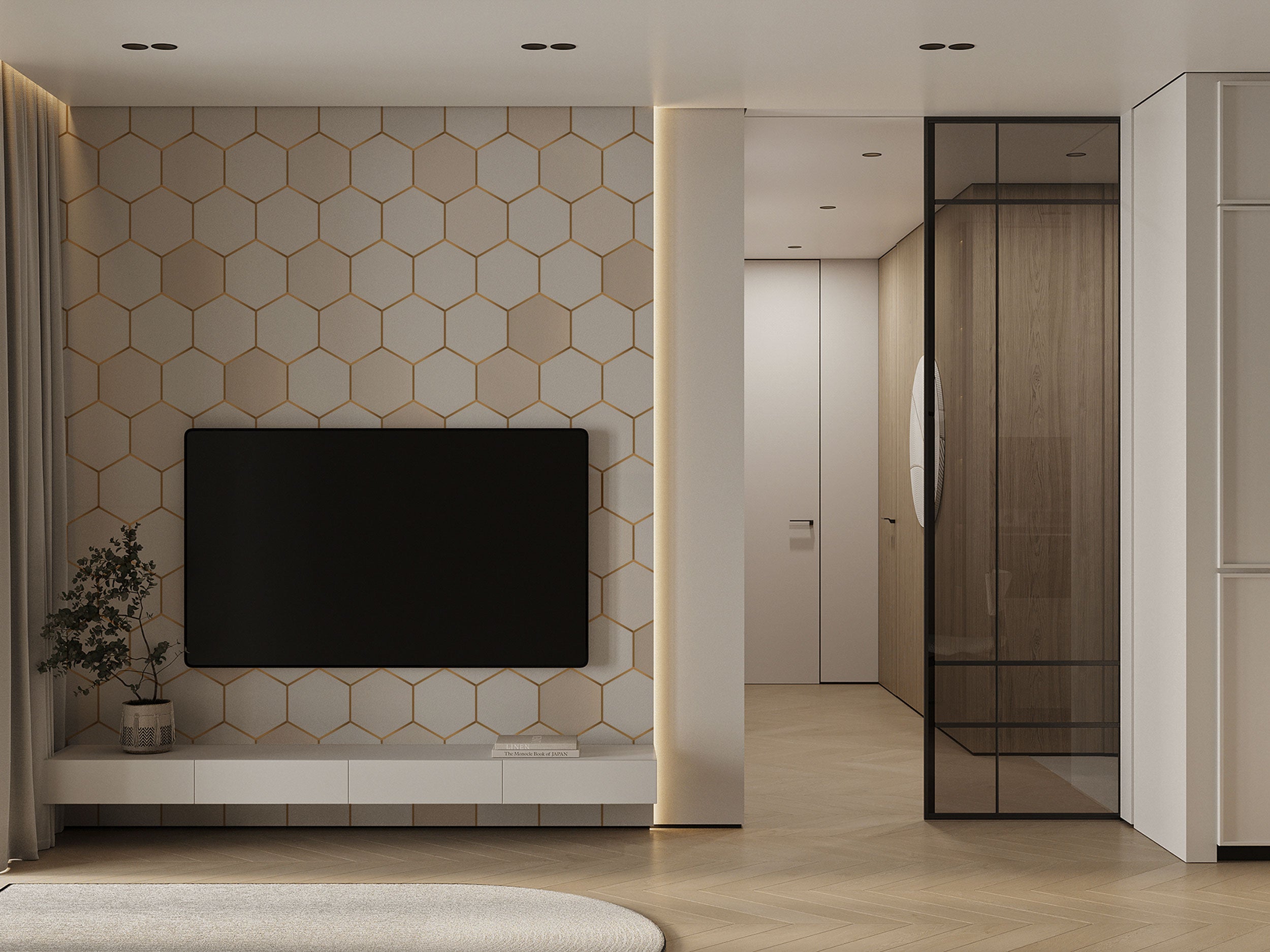 Geometric hexagon wallpaper with gold lines for modern interior