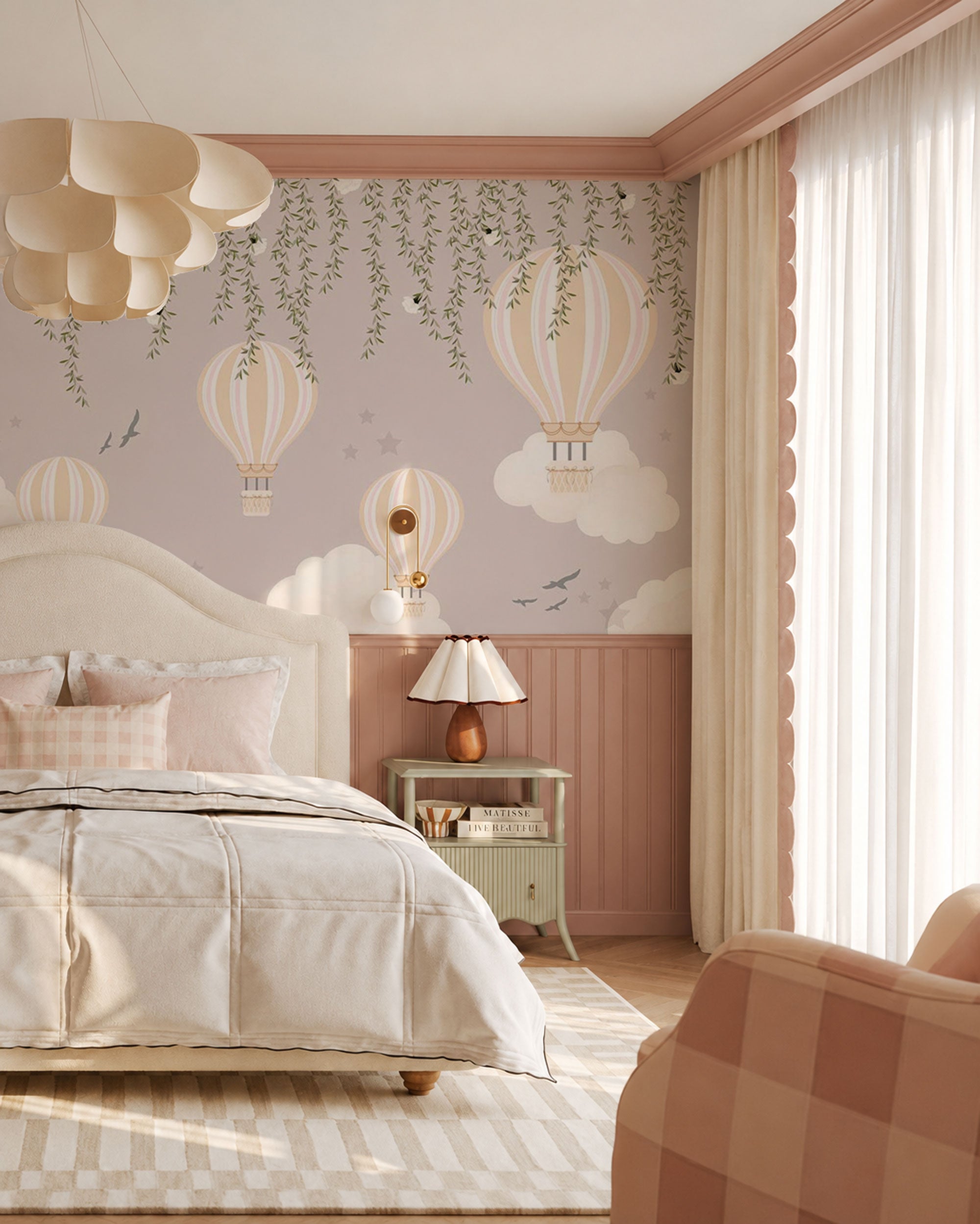 Whimsical wallpaper with pastel hot air balloons floating among soft clouds on a light background
