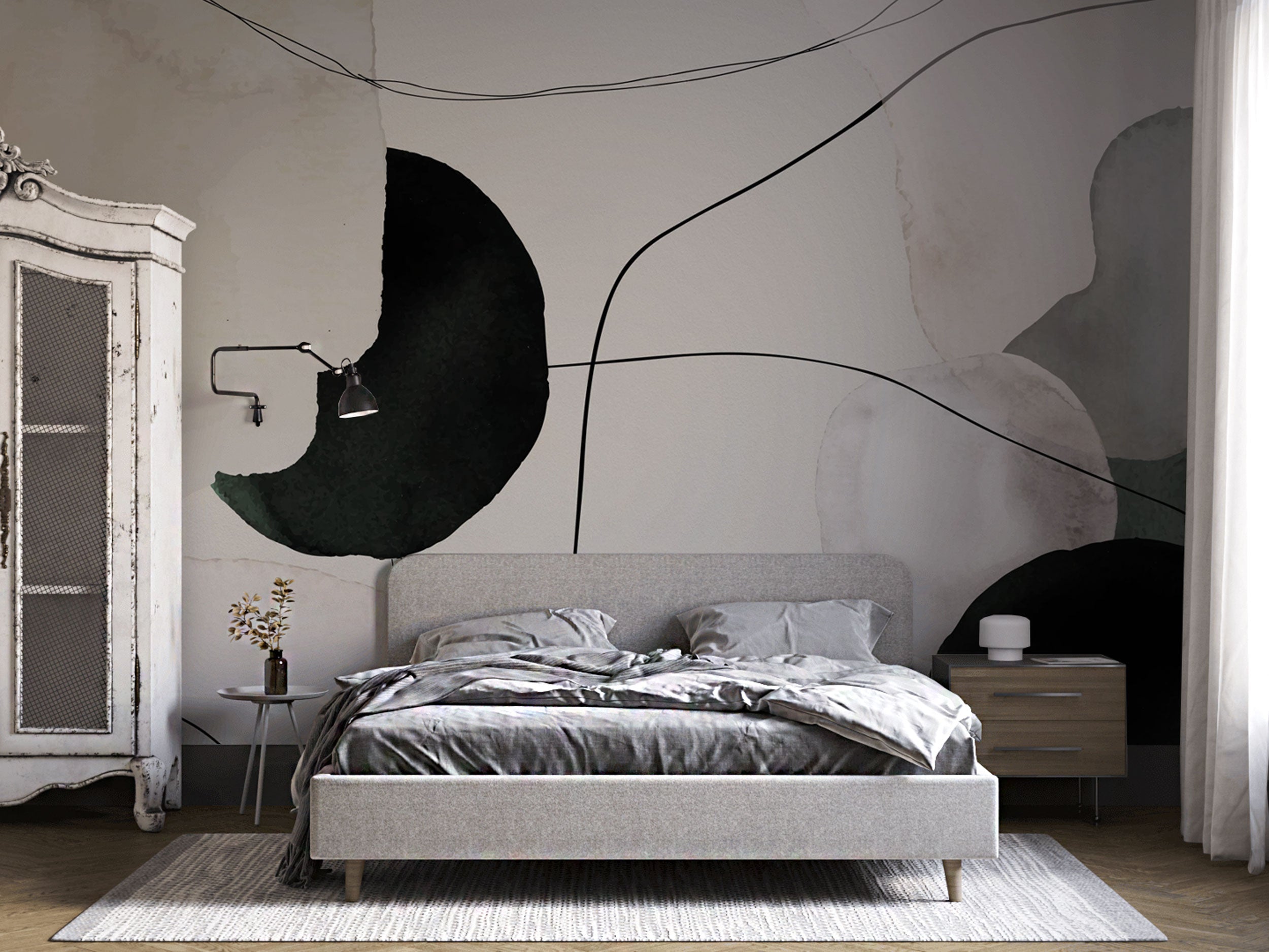 Minimal abstract line art watercolor mural wallpaper in neutral beige and black tones