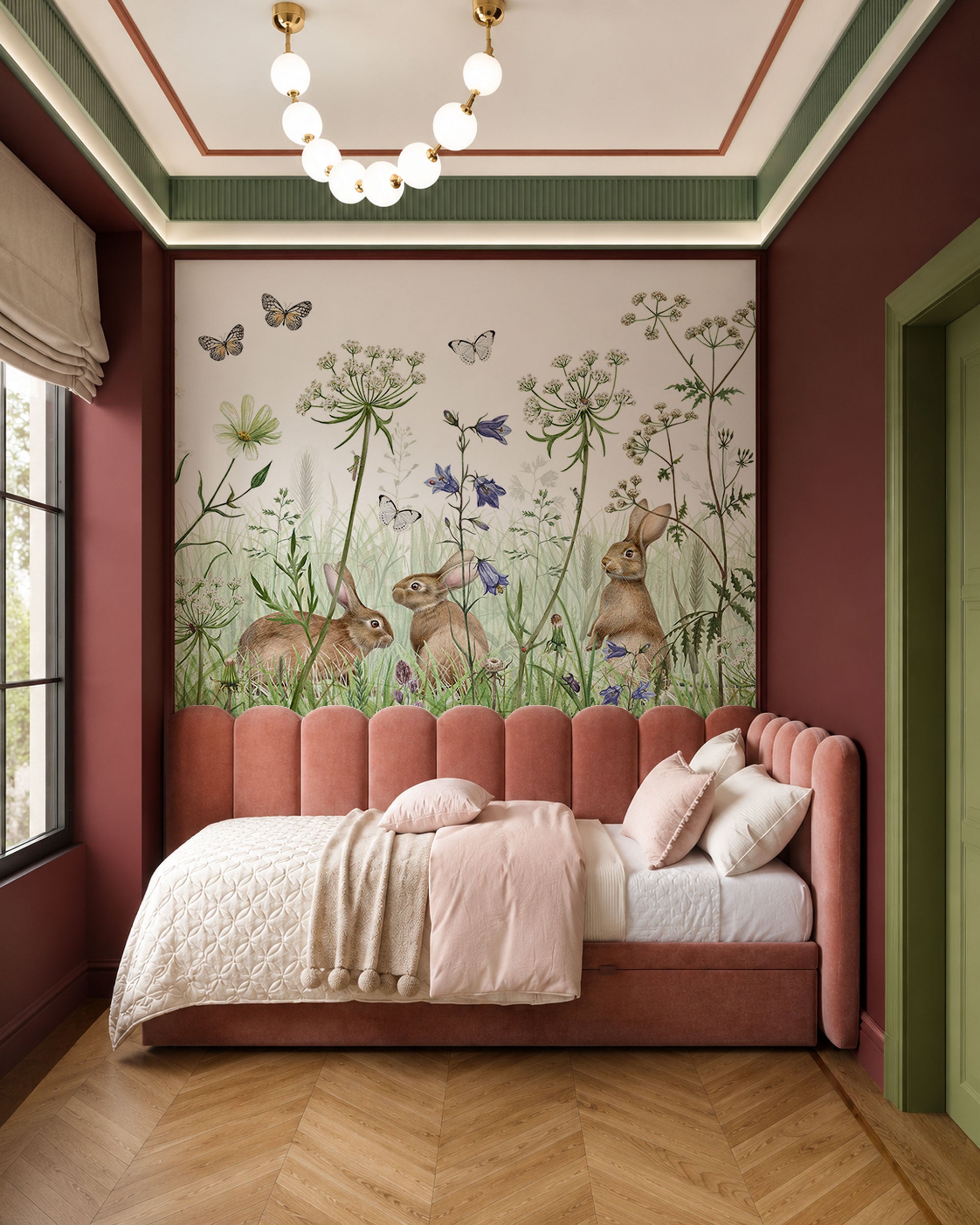 Illustrated mural wallpaper with rabbits in a meadow, surrounded by wildflowers, grasses and butterflies in soft natural tones.