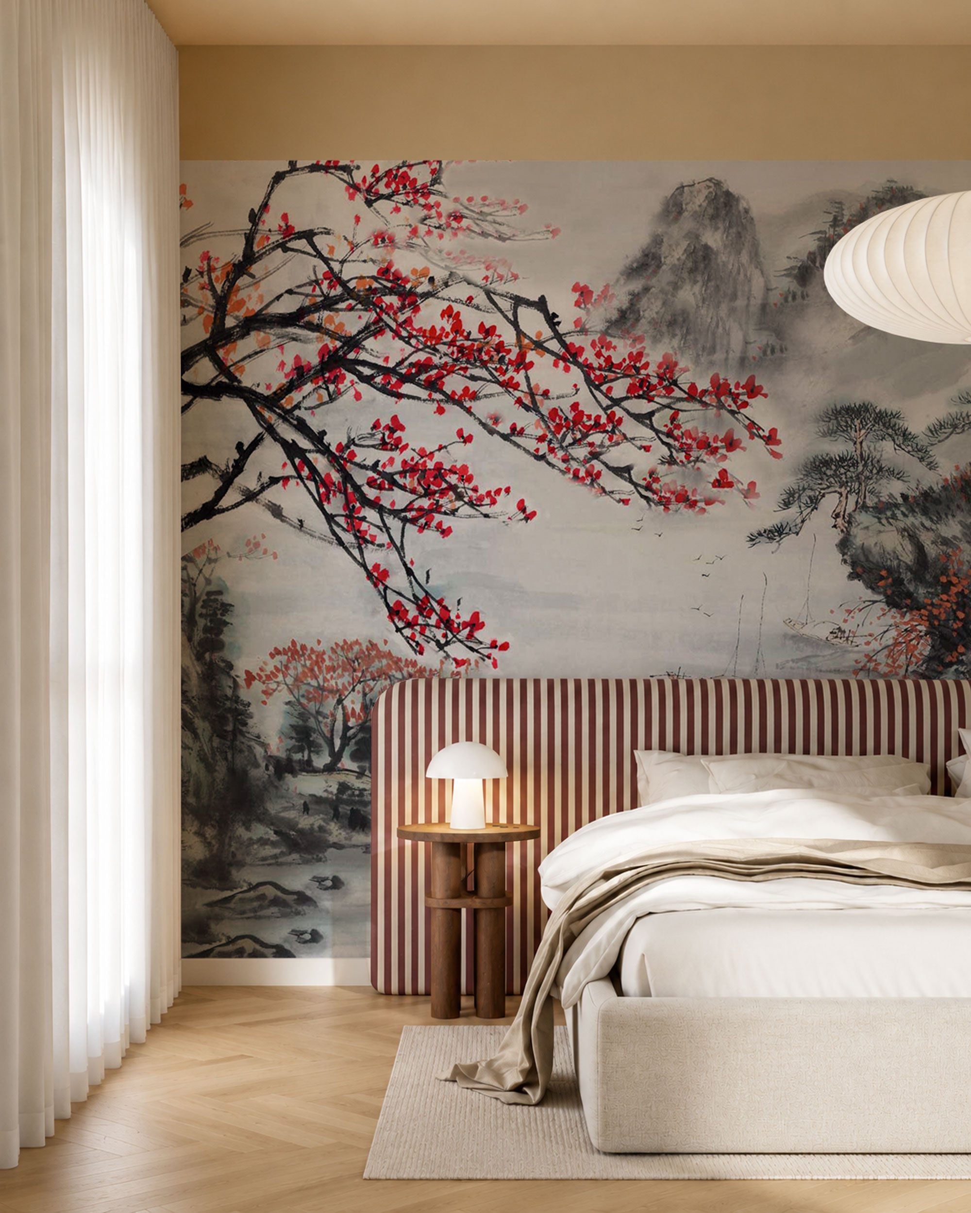 Asian-style wallpaper mural with ink-painted mountains, misty landscape, water elements, and warm autumn foliage accents in soft neutral tones